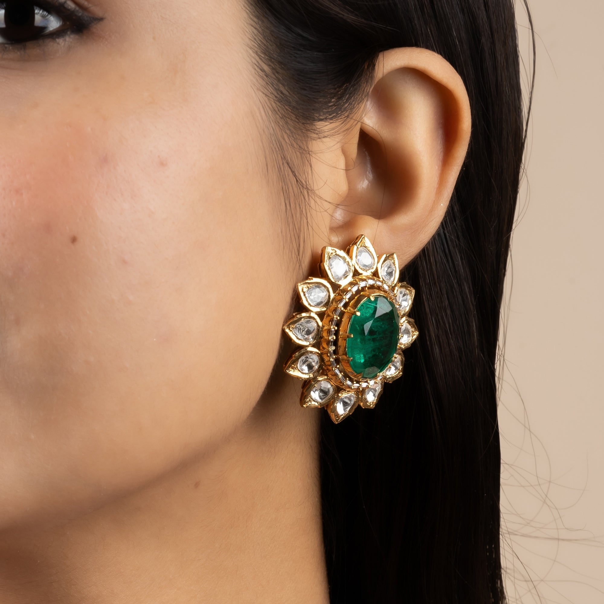Emerald Polki Stud Earrings
