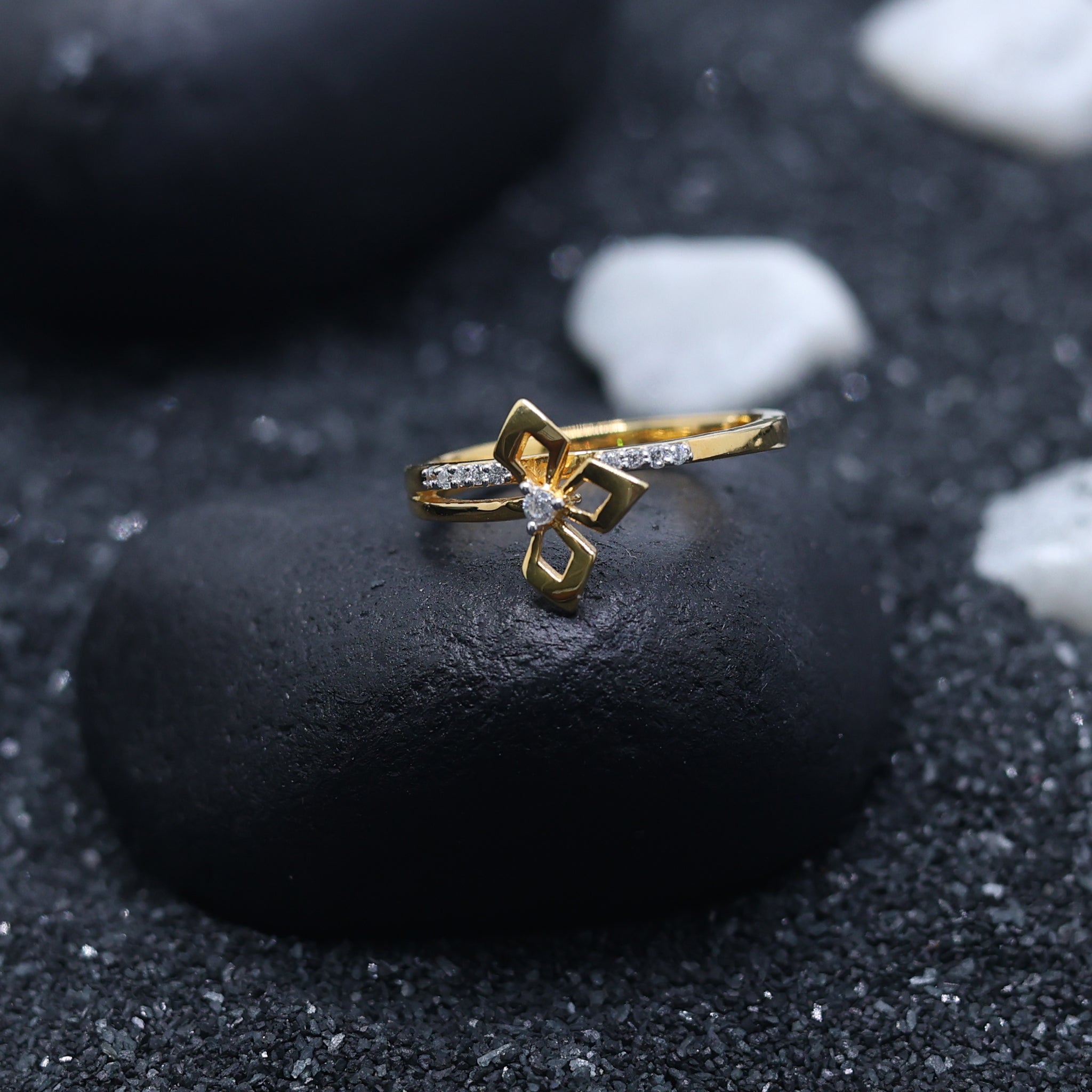 Silver Yellow Gold Adjustable Triple Open Square Floral Diamond Accent Ring for Women