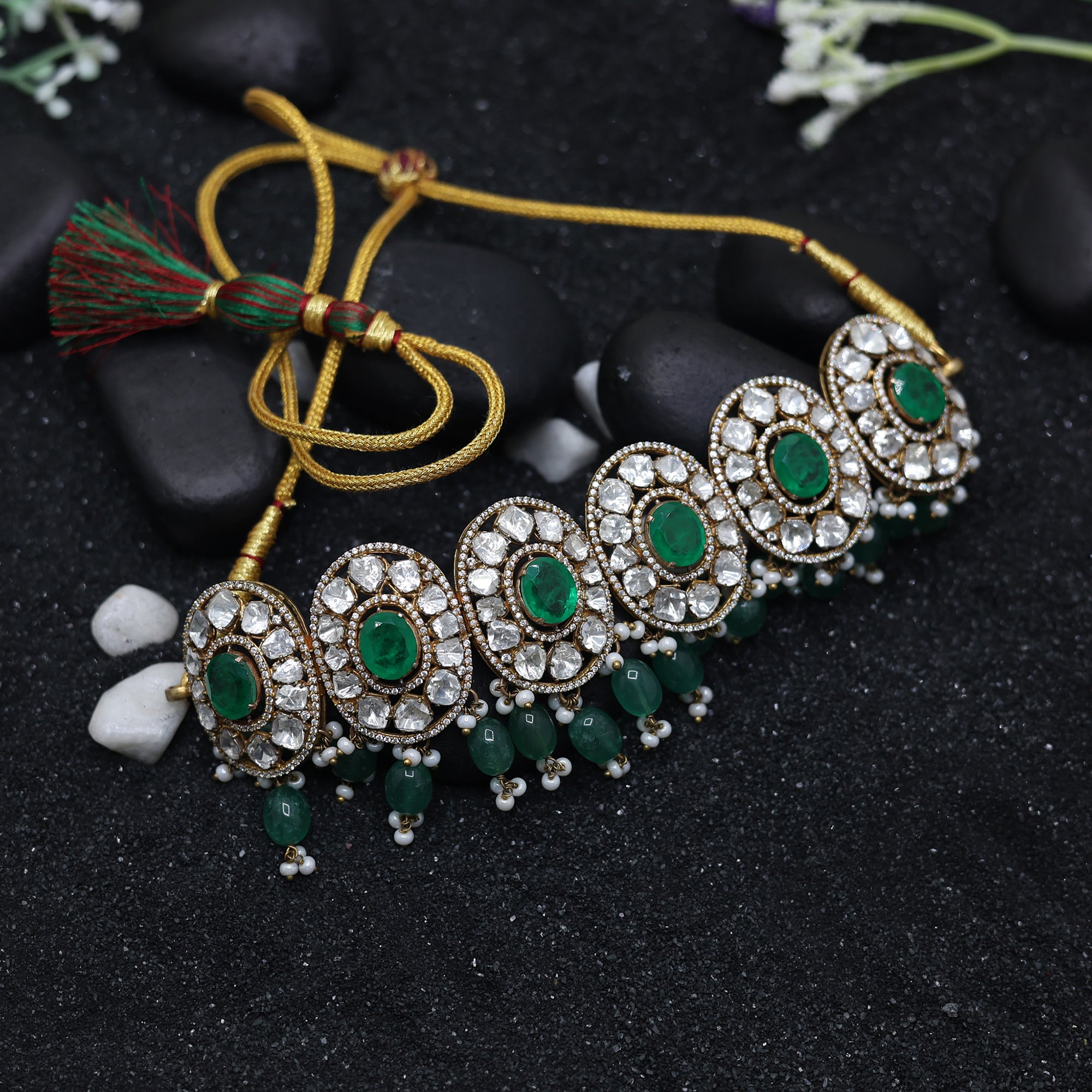 Emerald Choker Necklace with Polki Stone