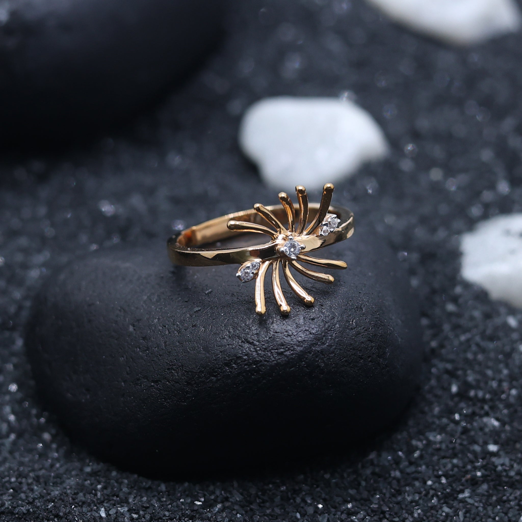 Silver Yellow Gold Adjustable Sunray Open Flower Sparkling Burst Ring for Women