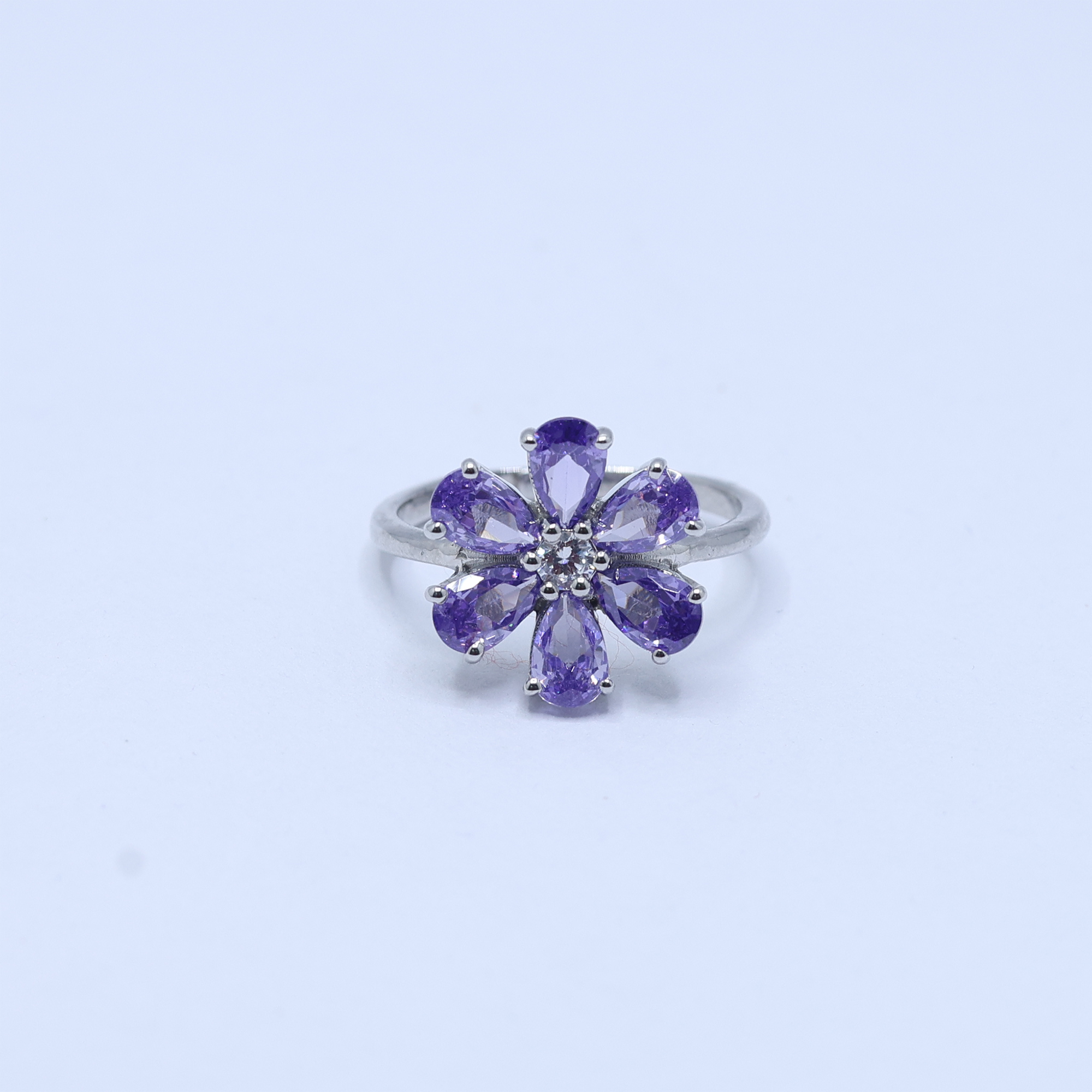 Floral White Gold Silver Adjustable Amethyst Ring For Women