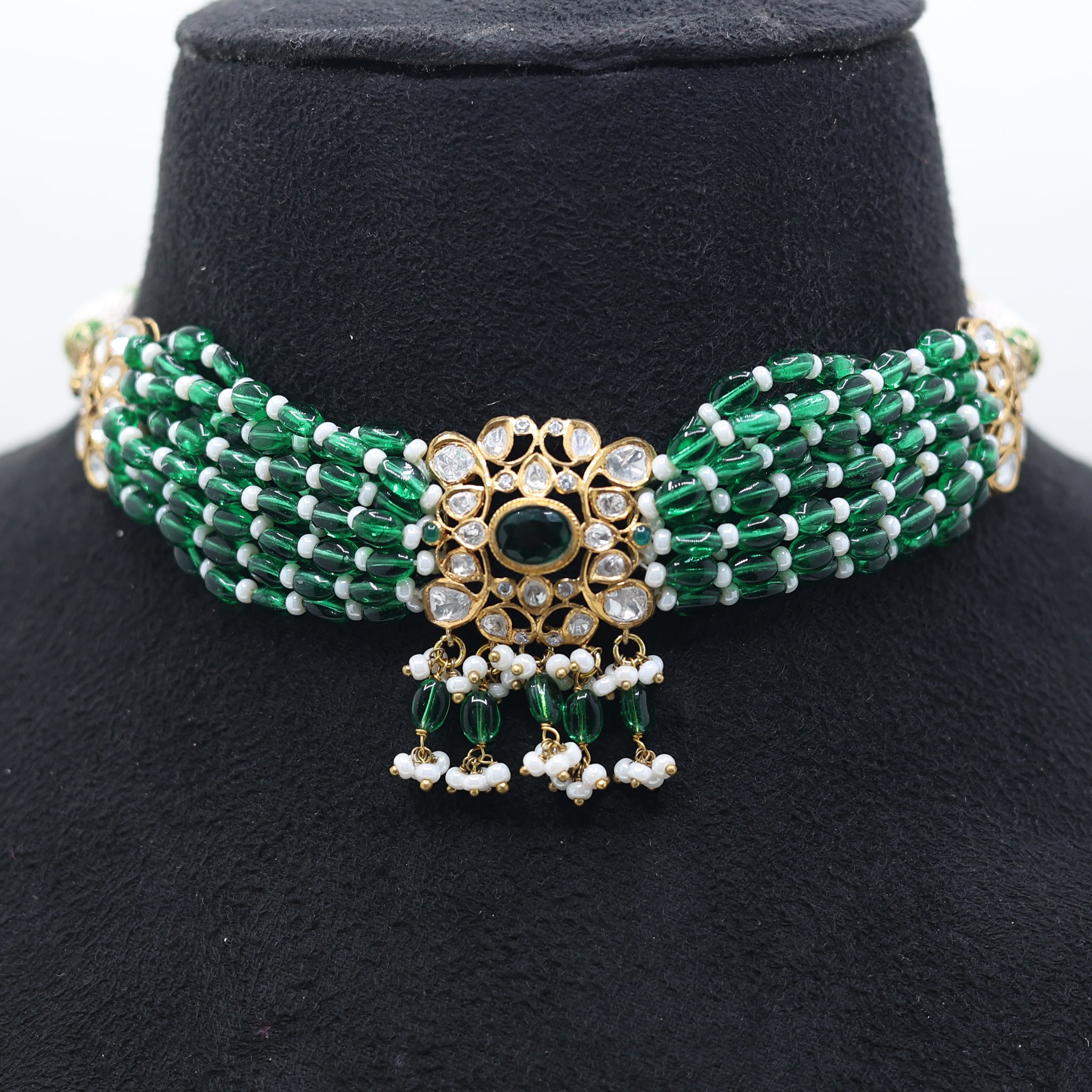 Yellow Gold Plated Multi-Strand Green Bead Necklace For Women