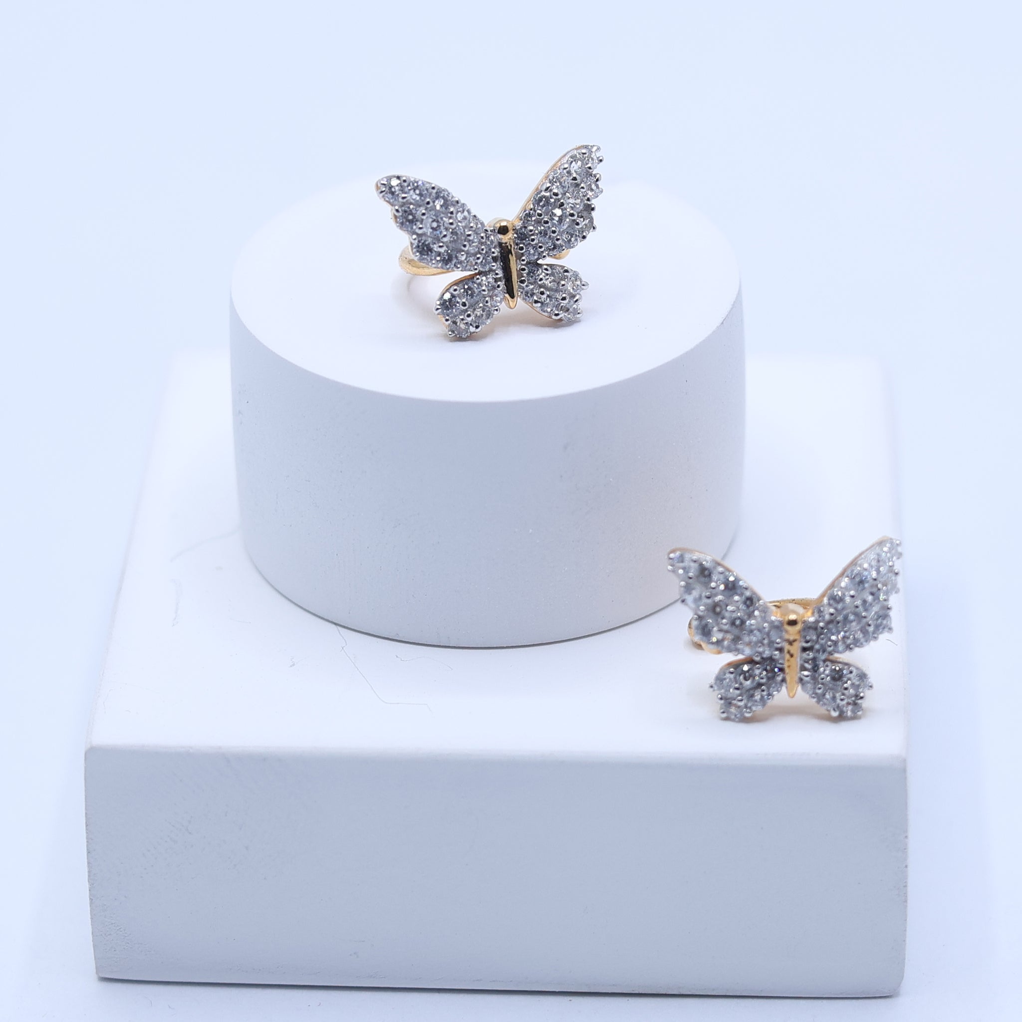 Silver Pearl Accent Crystal Butterfly Chain Yellow Gold Cuff Earrings For Woman