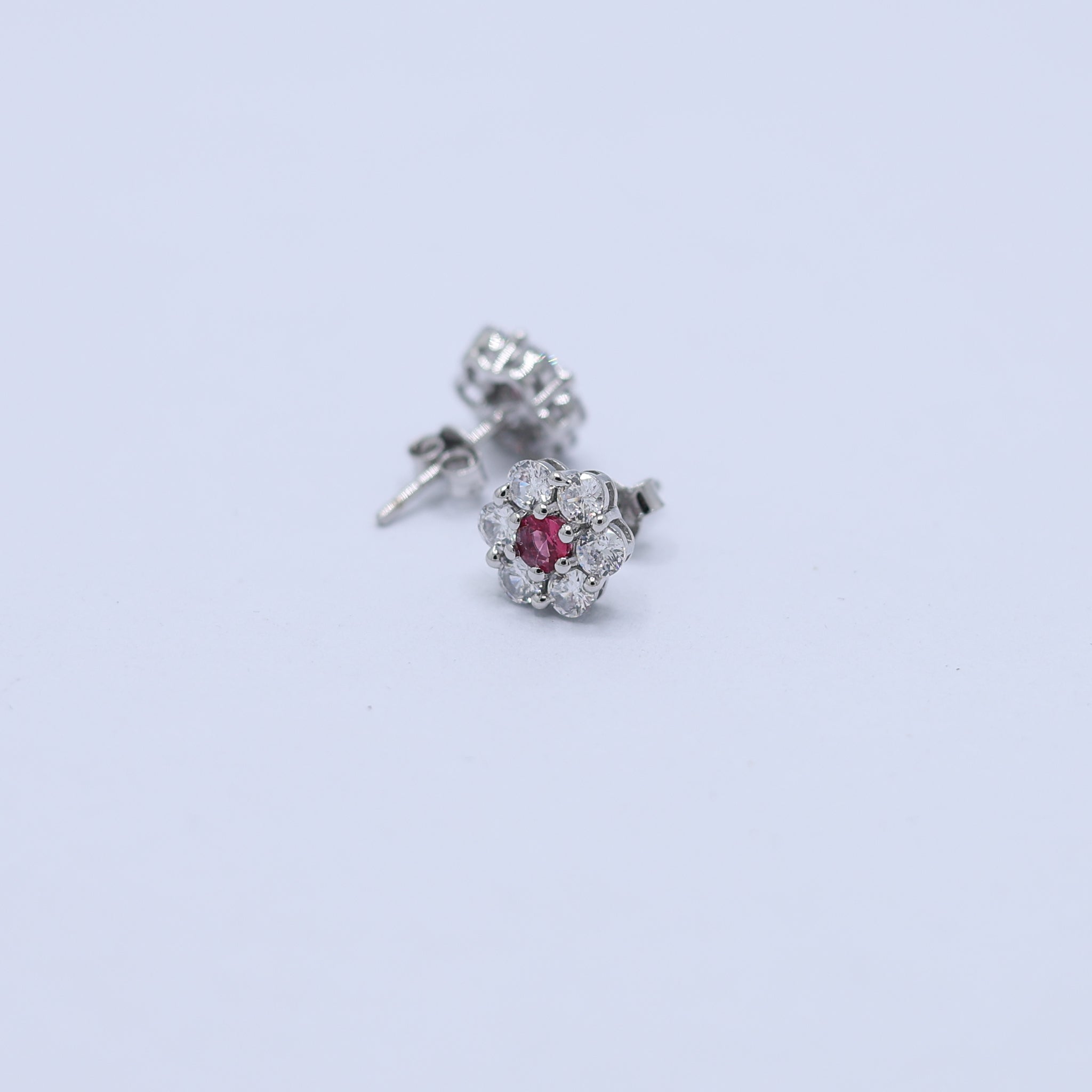 Silver White Gold Radiant Floral Centerpiece Ruby Earring For Women