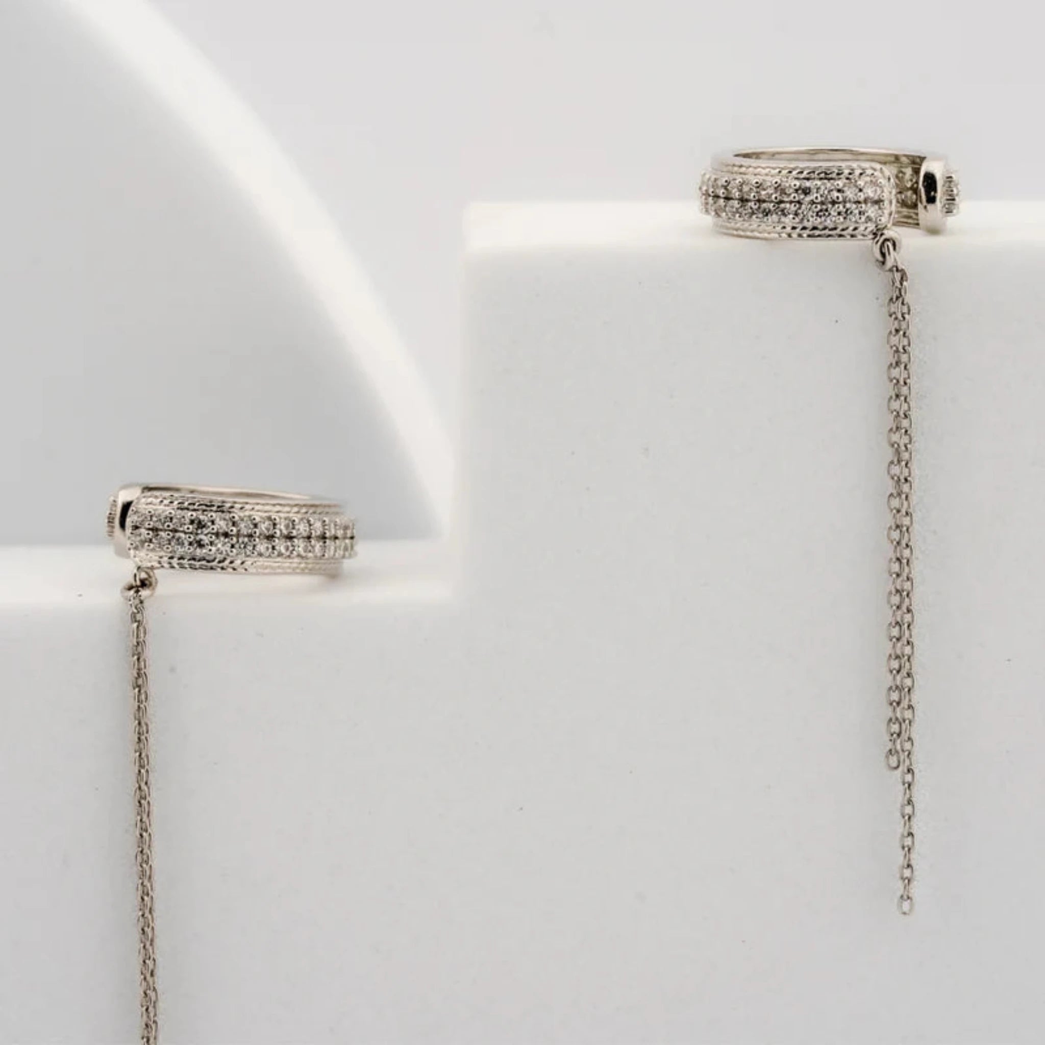 Silver Chain Dangle Hoop Pave Crystal Studded Chain White Gold Earring For Woman