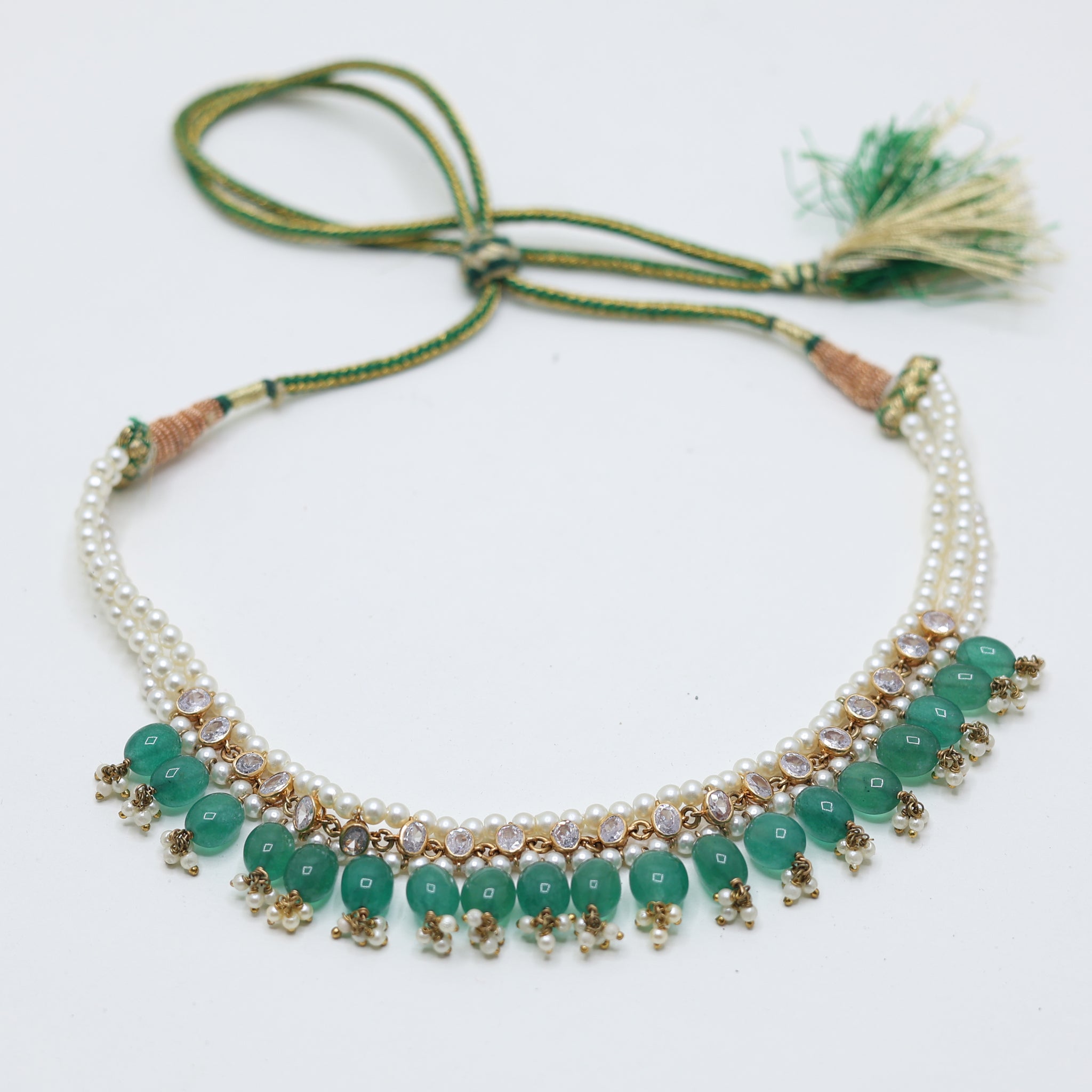 Yellow Gold Plated Emerald and Pearl Necklace