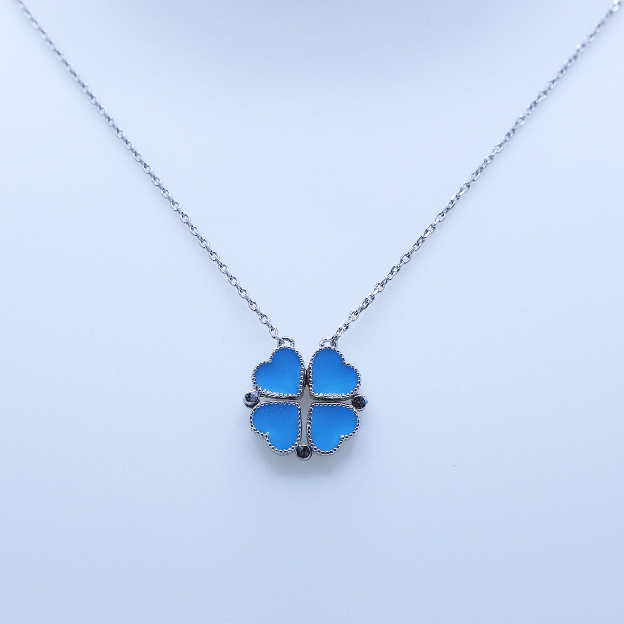 Blue Enamel Heart Clover Pendant
