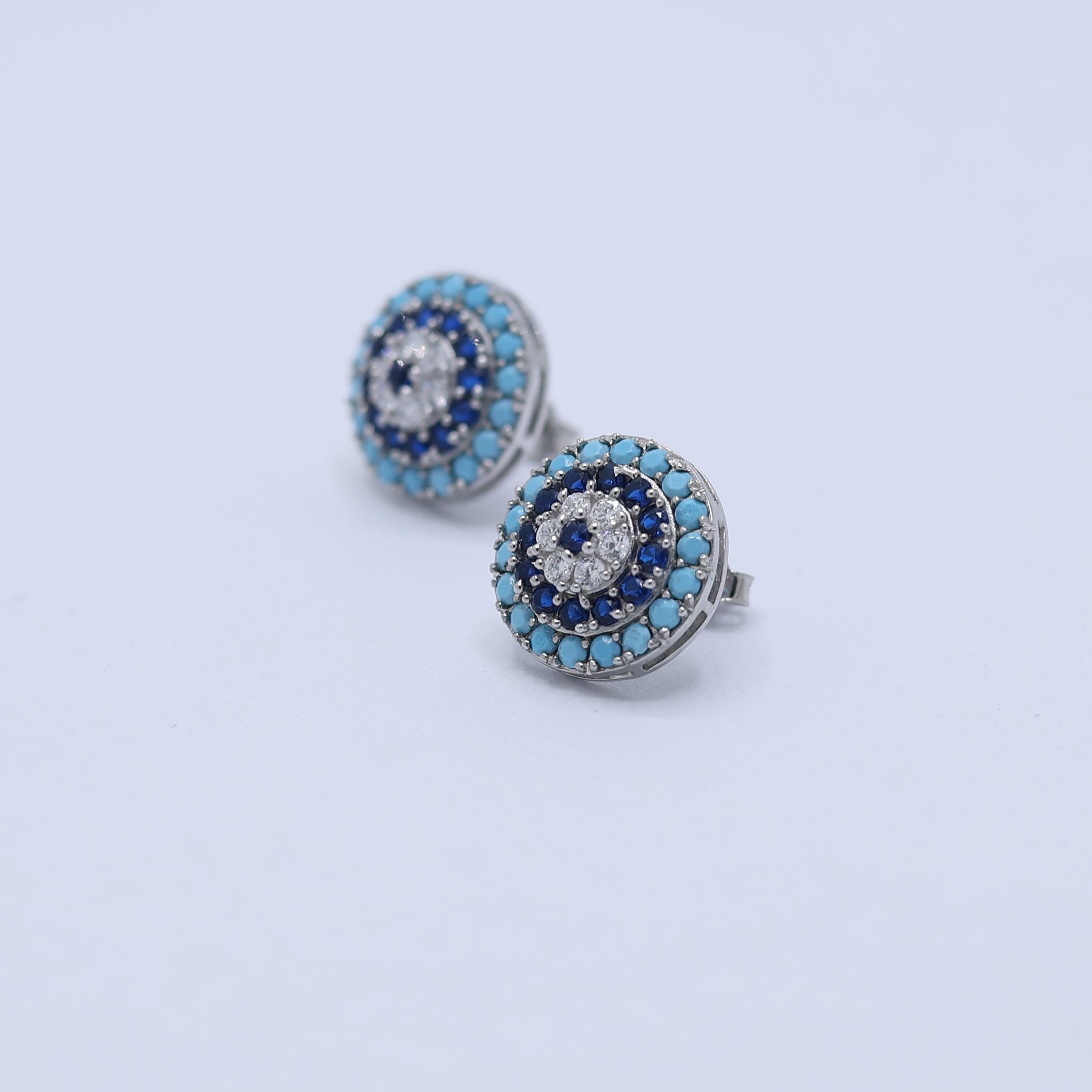 Silver Blue Round Studs Aquatic Sapphire White Gold Earring For Woman