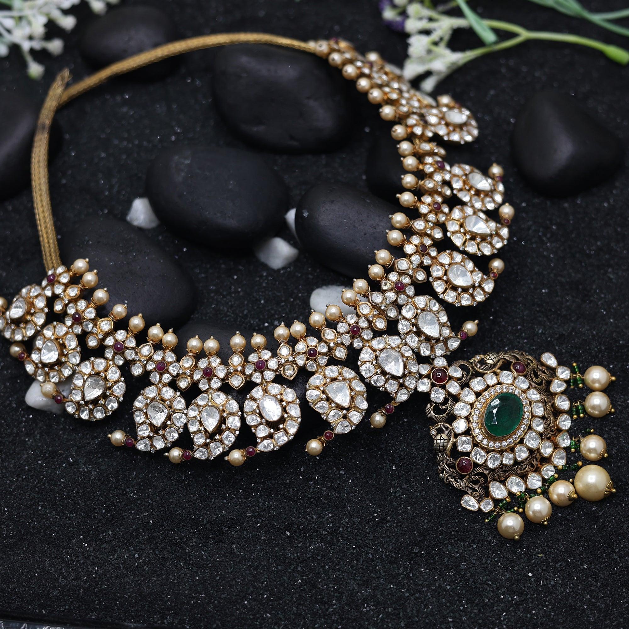 Antique Gold Plated Mango Polki Necklace