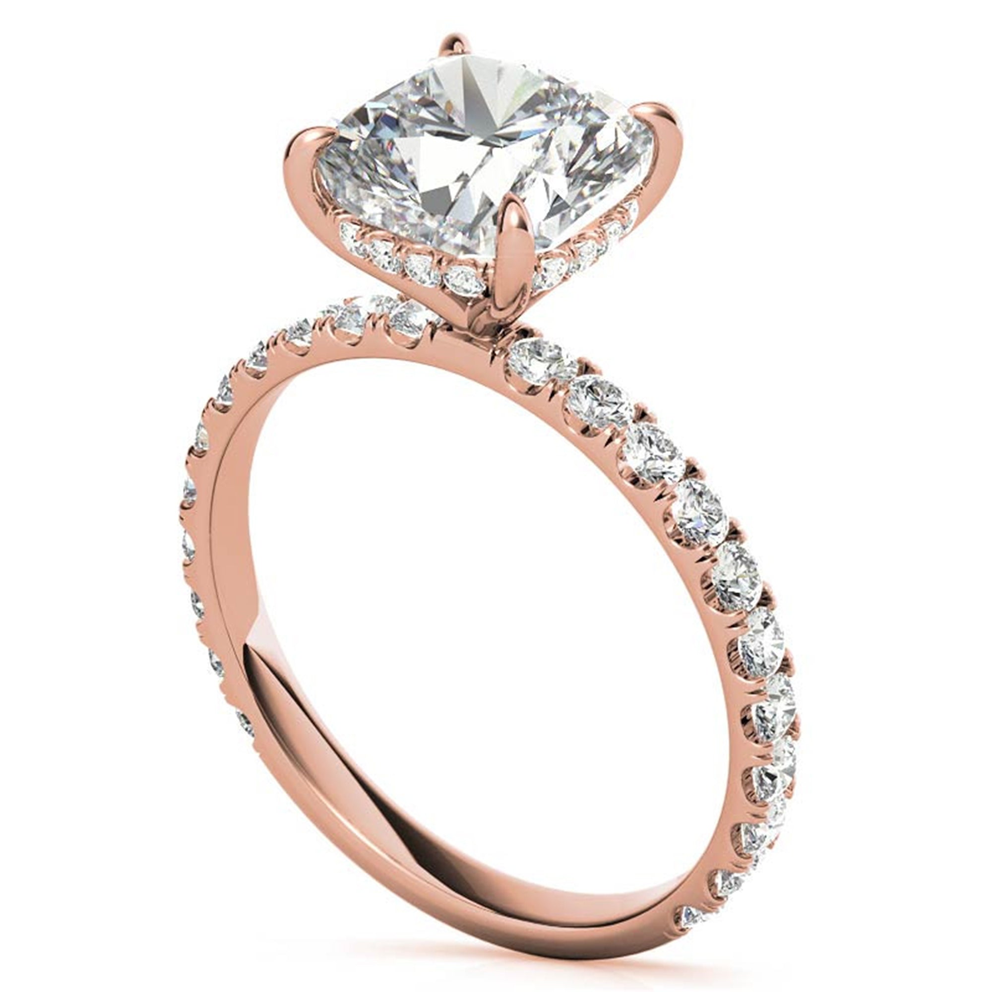 Adjustable Sterling Silver Elegant Rose Gold Cushion-Cut Diamond Engagement Ring with Pavé Band For Women