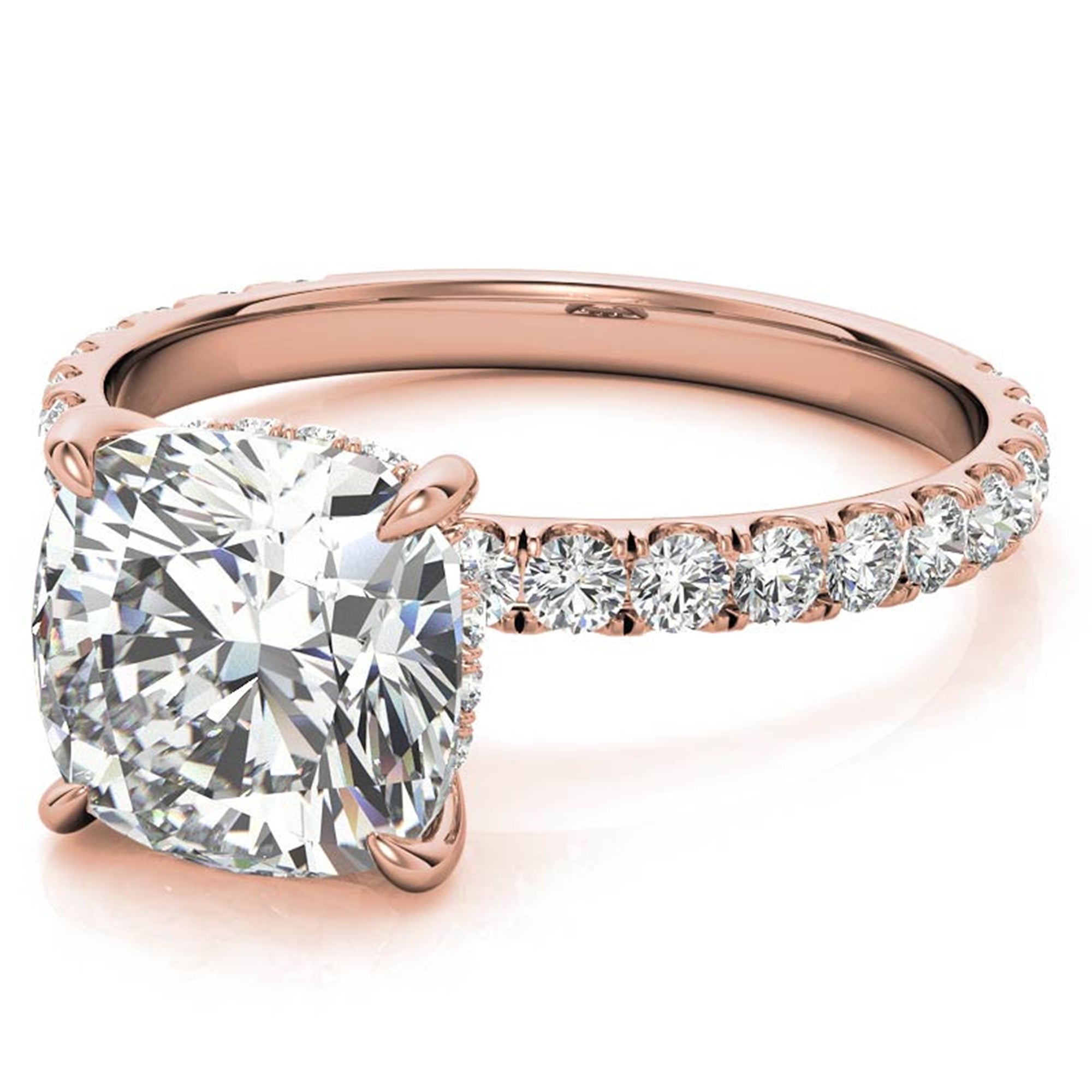 Adjustable Sterling Silver Elegant Rose Gold Cushion-Cut Diamond Engagement Ring with Pavé Band For Women