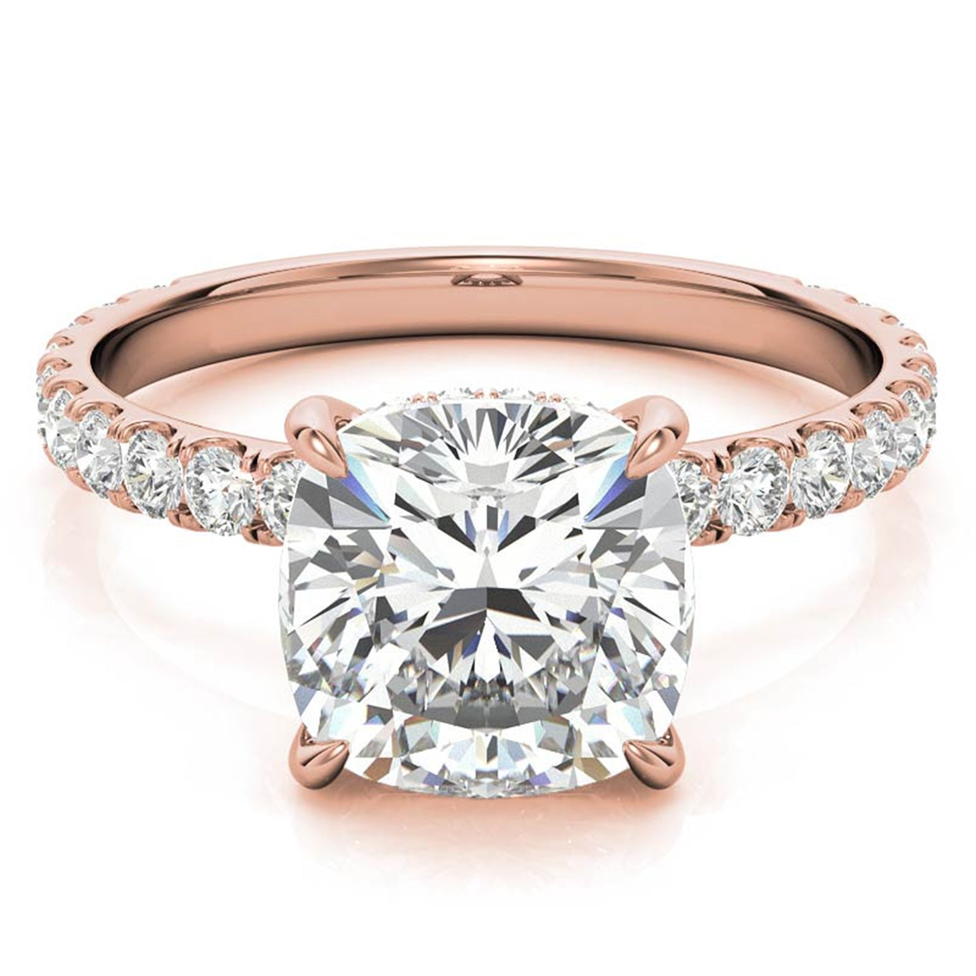 Adjustable Sterling Silver Elegant Rose Gold Cushion-Cut Diamond Engagement Ring with Pavé Band For Women