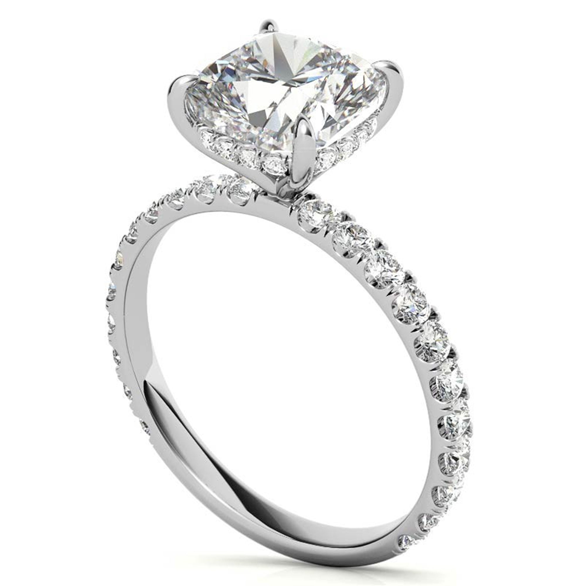 Adjustable Sterling Silver Elegant White Gold Cushion-Cut Diamond Engagement Ring with Pavé Band For Women