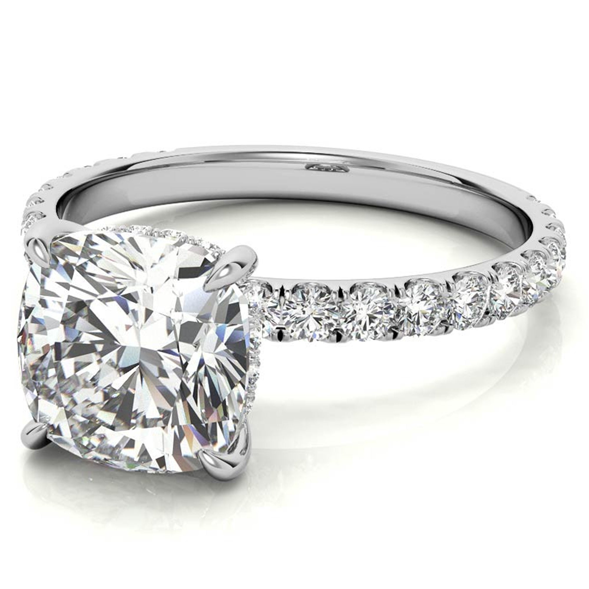 Adjustable Sterling Silver Elegant White Gold Cushion-Cut Diamond Engagement Ring with Pavé Band For Women