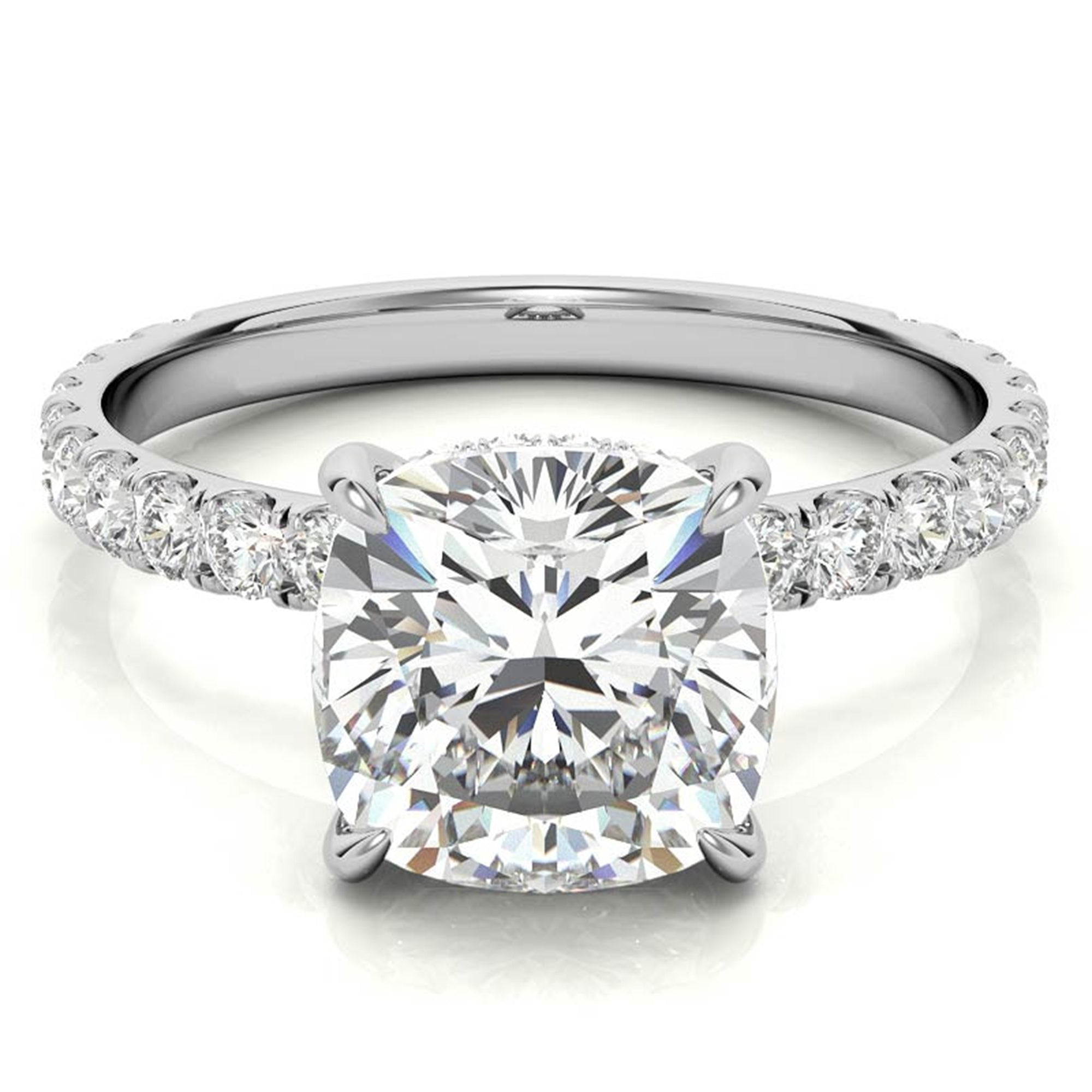 Adjustable Sterling Silver Elegant White Gold Cushion-Cut Diamond Engagement Ring with Pavé Band For Women