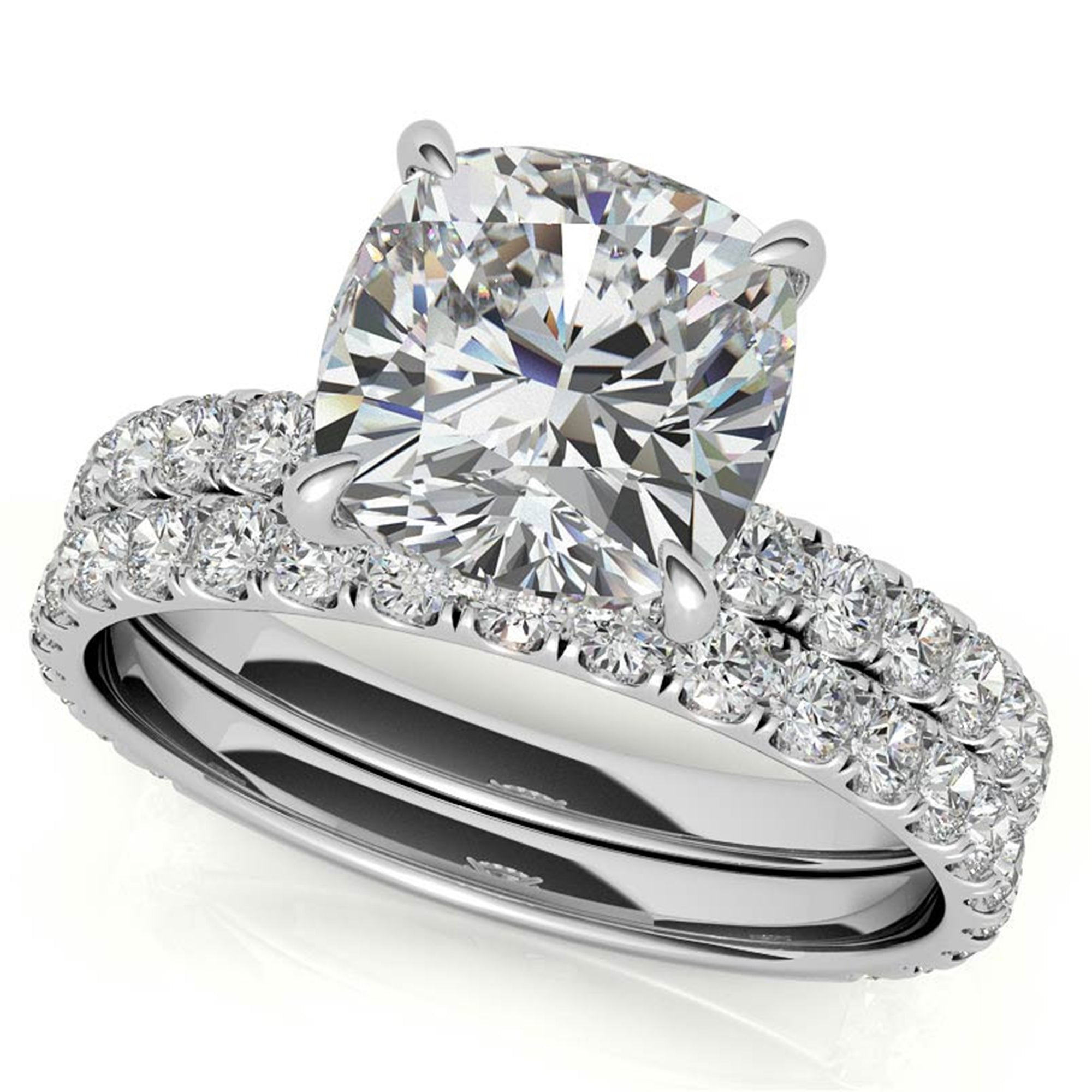 Adjustable Sterling Silver Elegant White Gold Cushion-Cut Diamond Engagement Ring with Pavé Band For Women