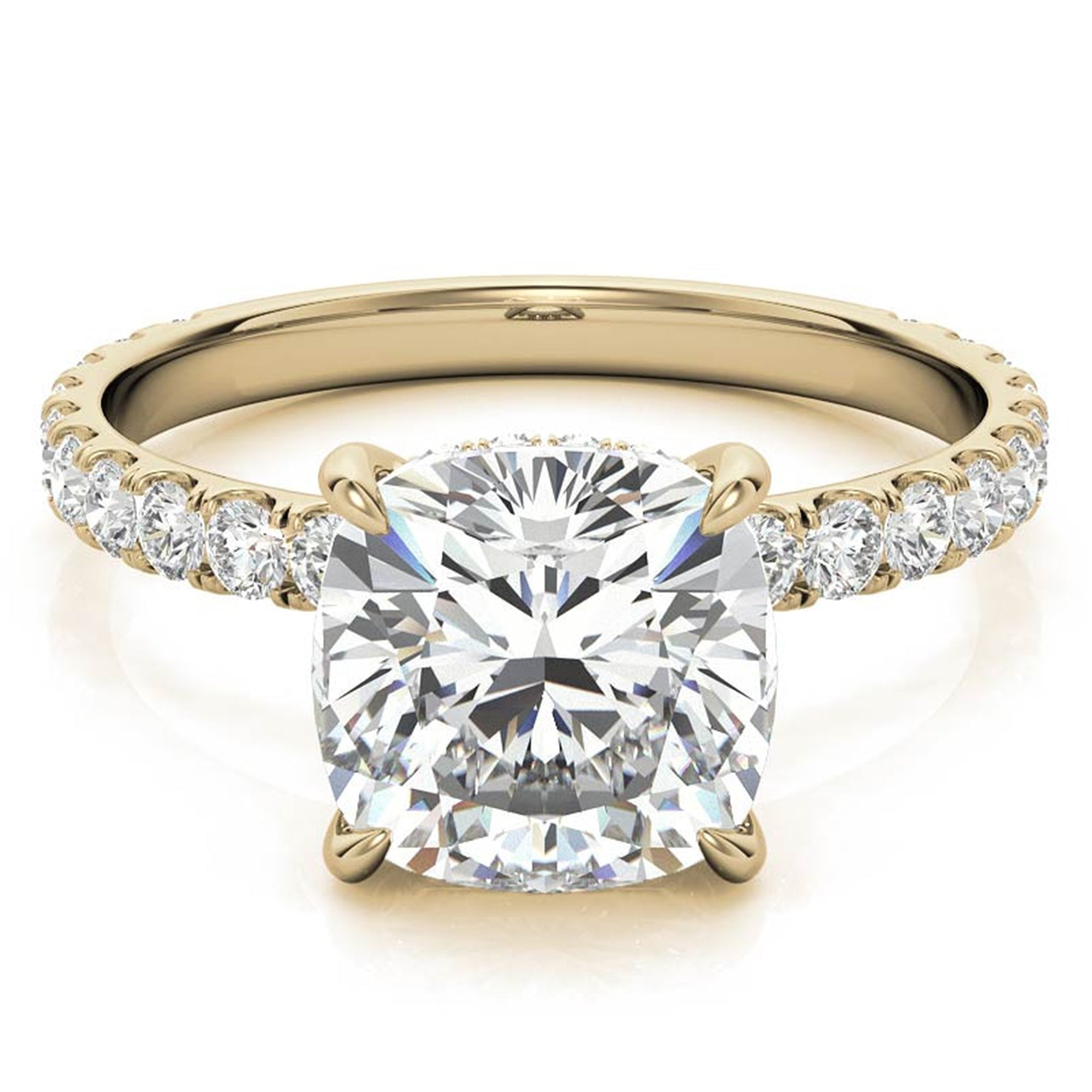 Adjustable Sterling Silver Elegant Yellow Gold Cushion-Cut Diamond Engagement Ring with Pavé Band For Women