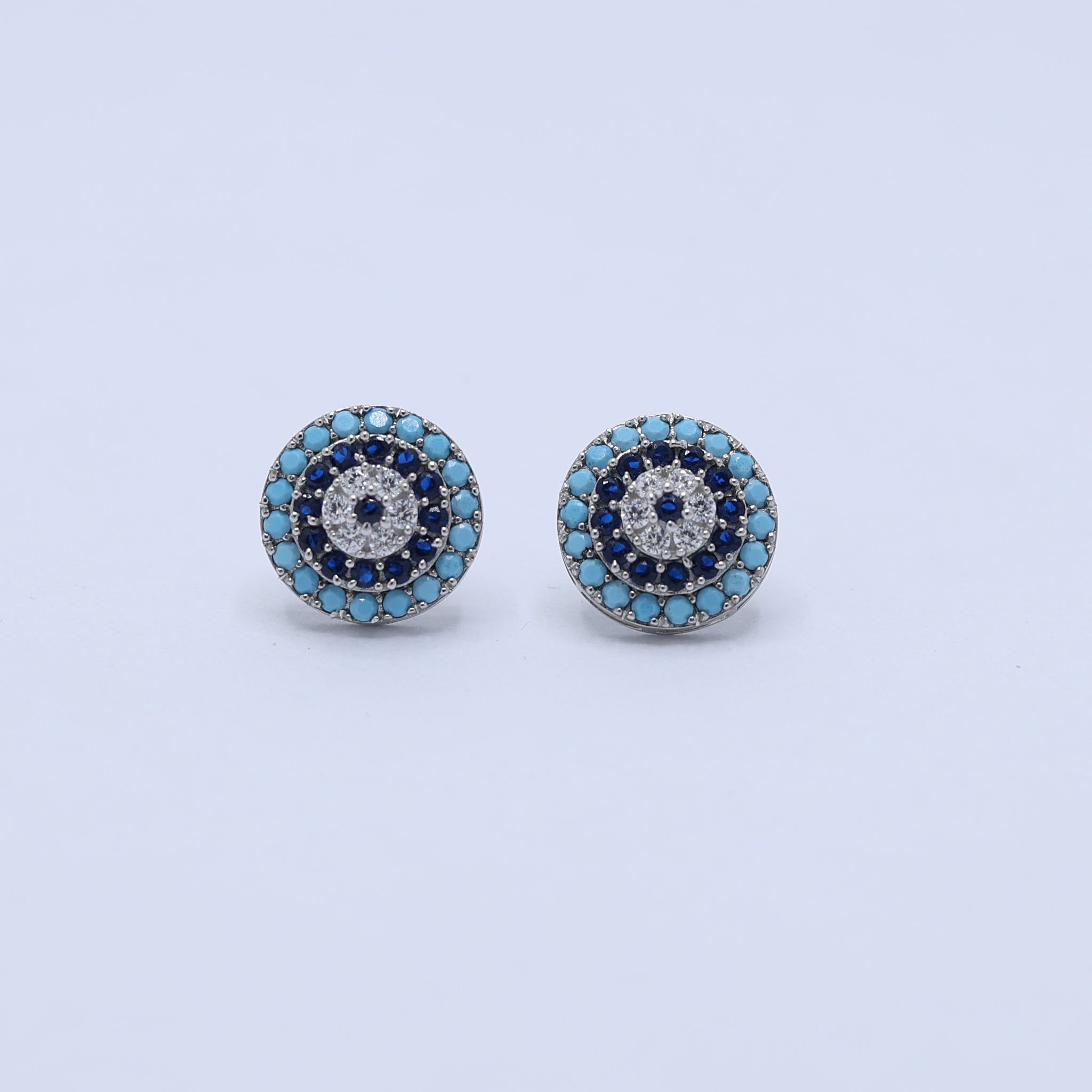 Silver Blue Round Studs Aquatic Sapphire White Gold Earring For Woman