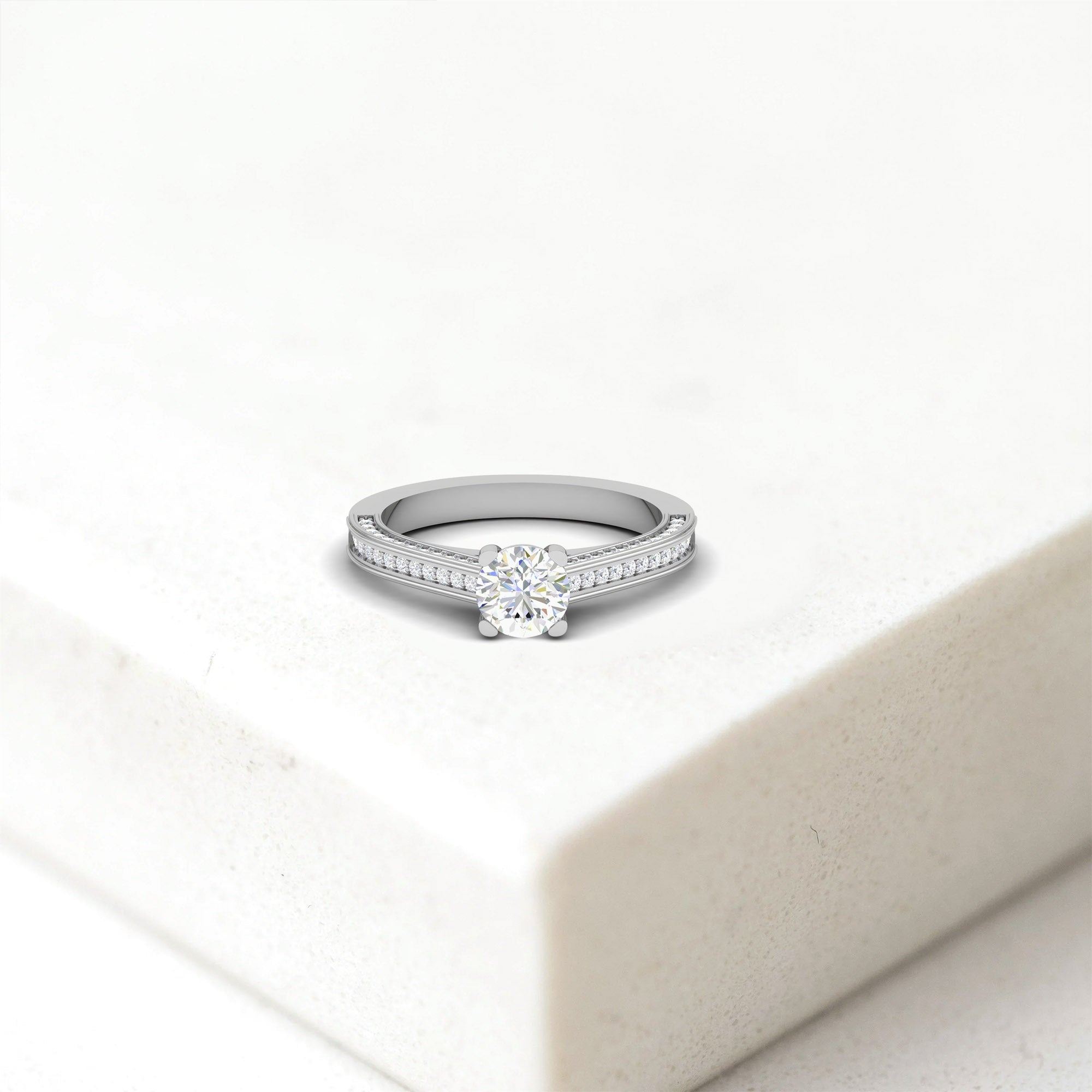 White Gold Adjustable Silver Diamond Round Center Pave Ring For Woman