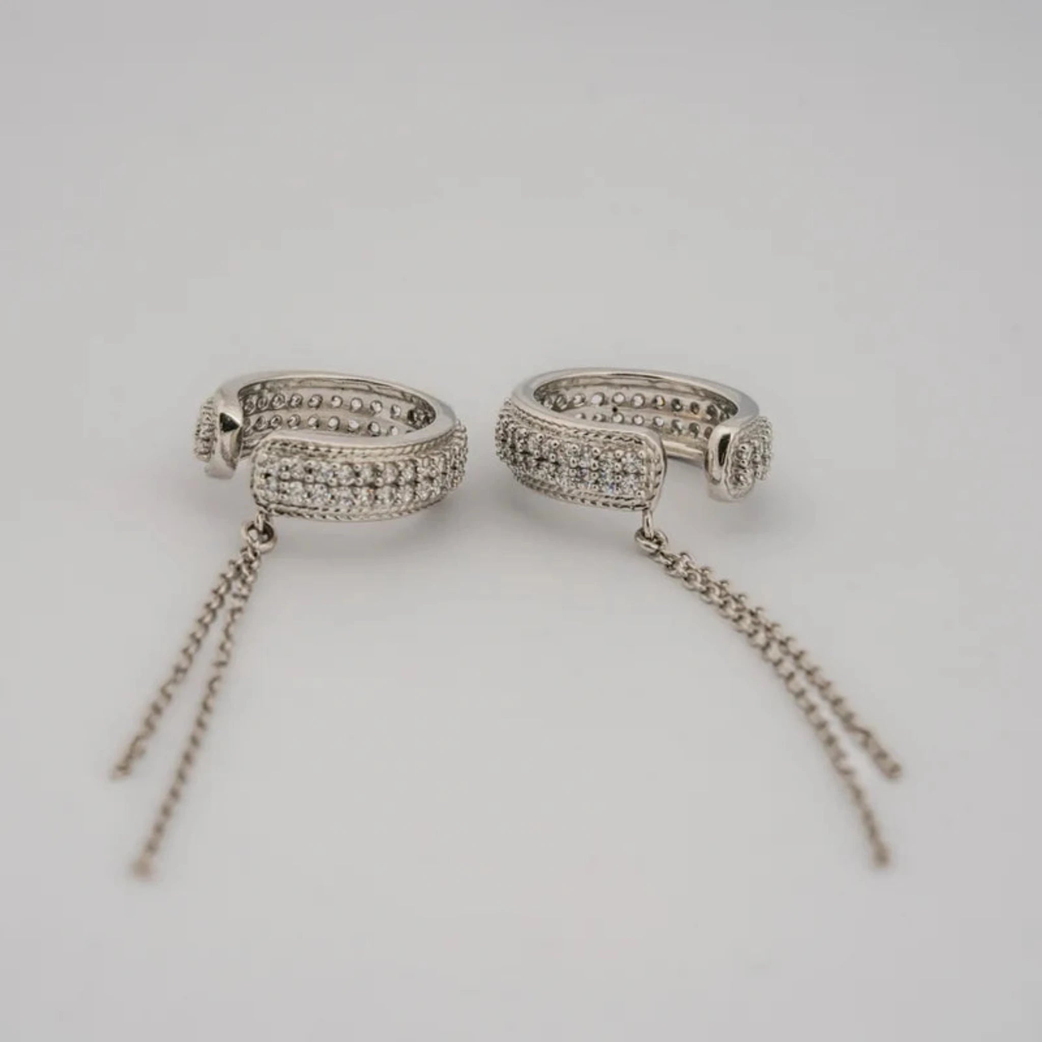 Silver Chain Dangle Hoop Pave Crystal Studded Chain White Gold Earring For Woman