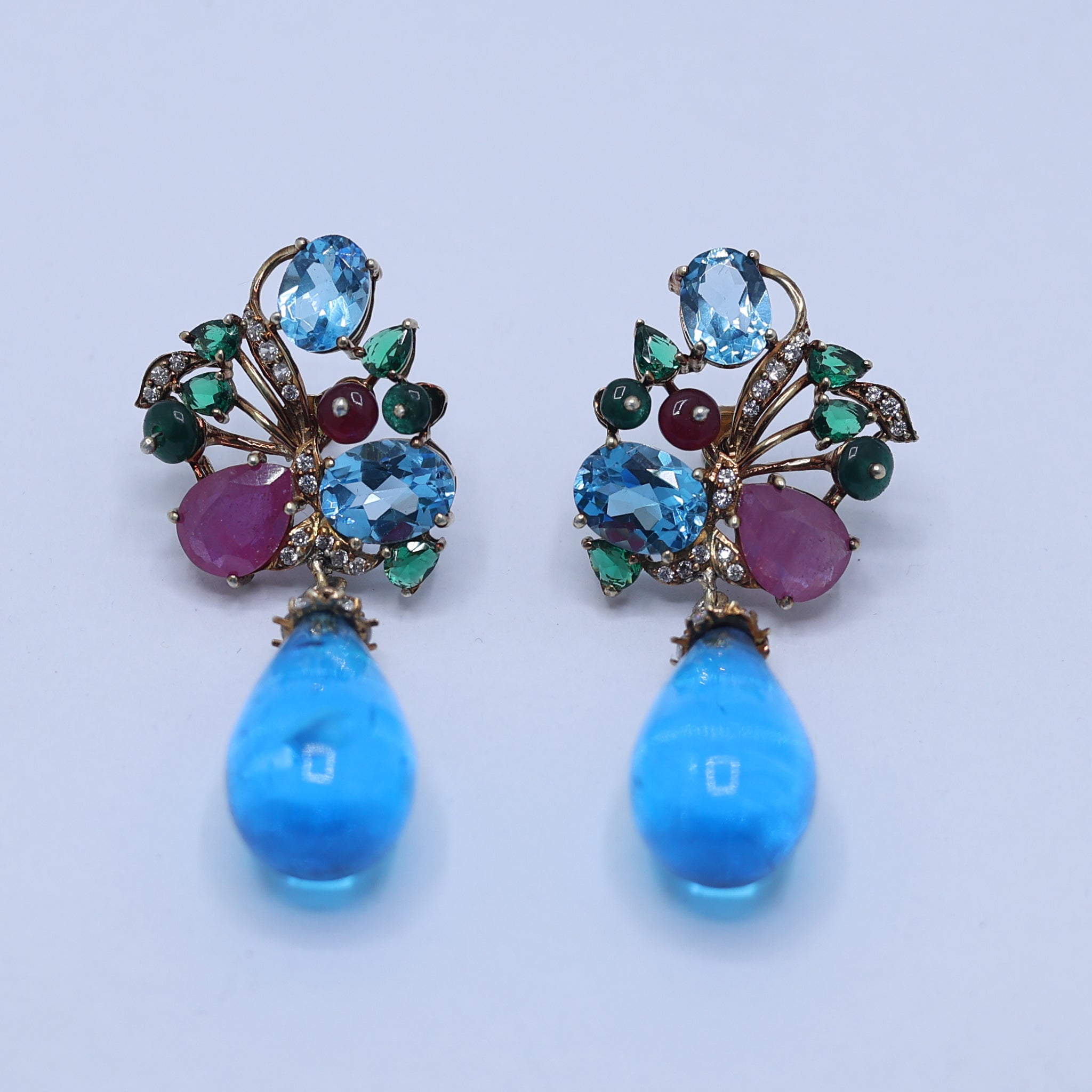 Yellow Gold Plated Floral Multicolor Stone Drop Earrings For Women