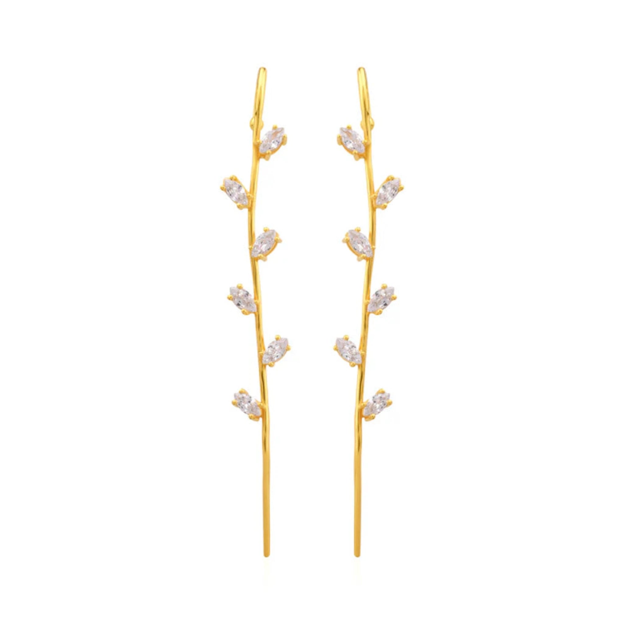 Silver Marquise Dangling Crystal Long Linear Vine Yellow Gold Drop Earrings For Woman