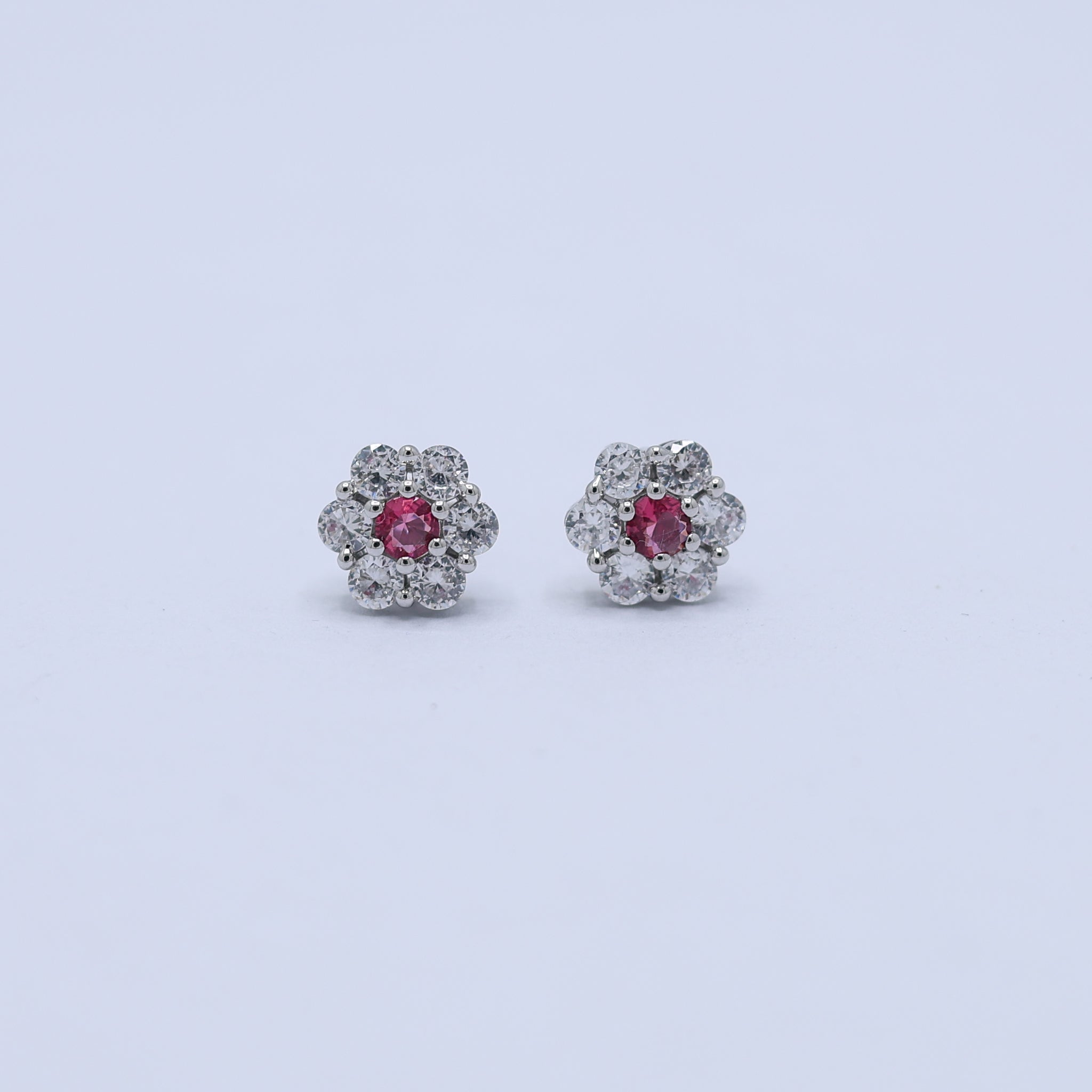 Silver White Gold Radiant Floral Centerpiece Ruby Earring For Women