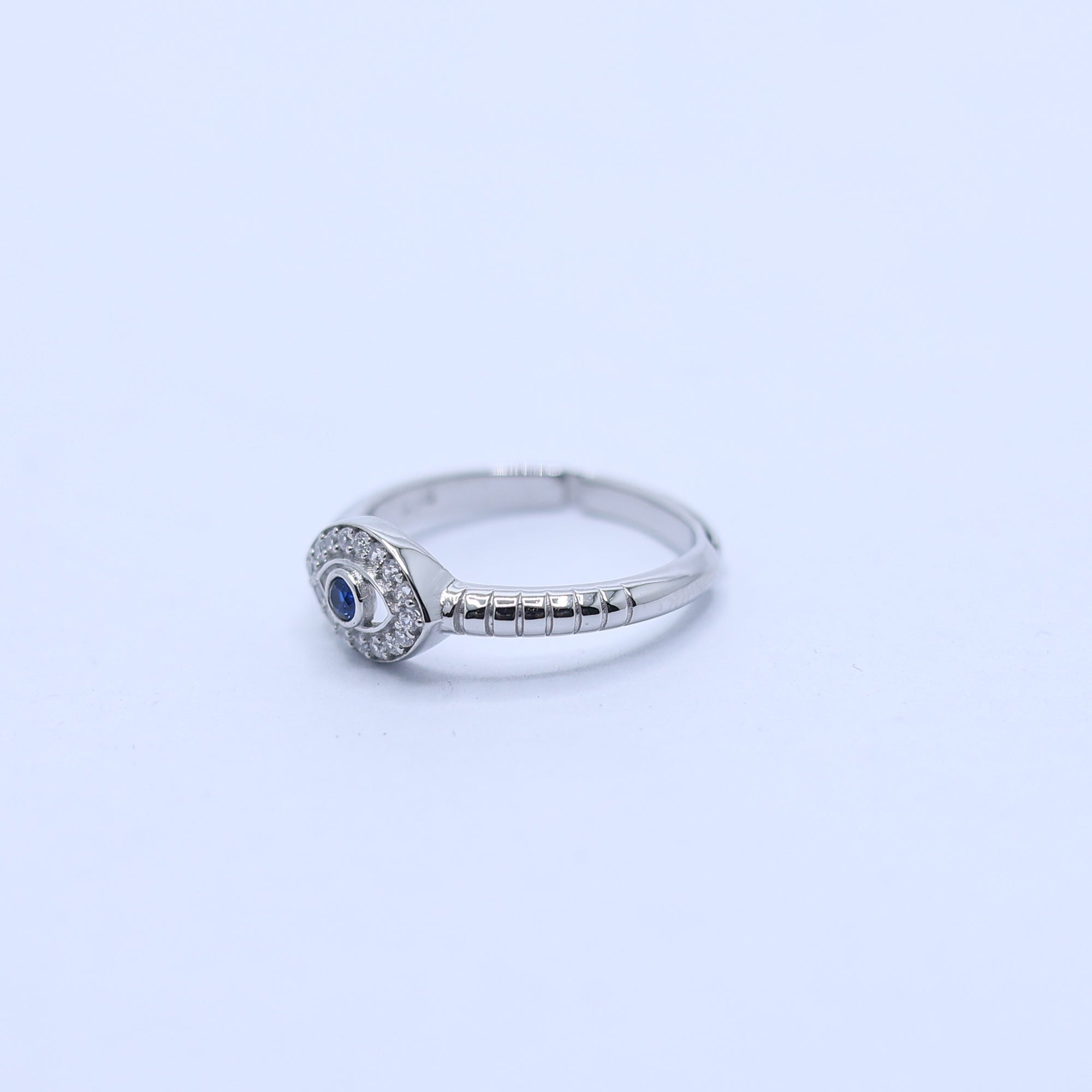Silver Small Blue Sapphire Center Stone Adjustable Textured Ridged Band Evil Eye White Gold Ring For Woman