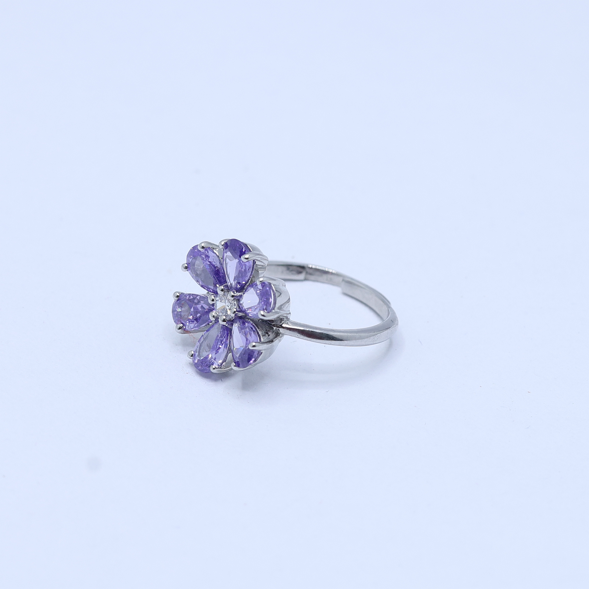 Floral White Gold Silver Adjustable Amethyst Ring For Women