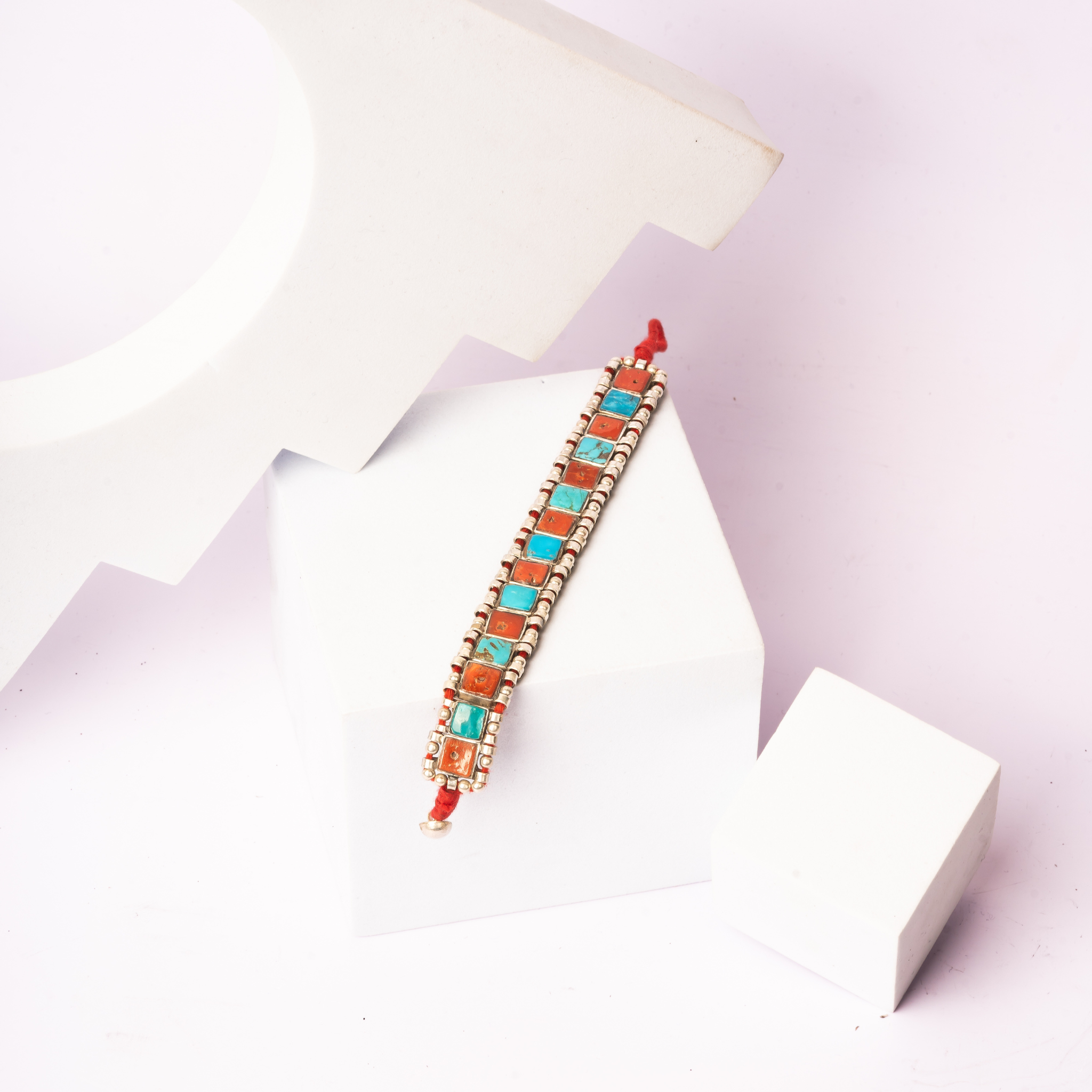 Stunning Square Coral with Turquoise Silver Rakhi / Friendship Band