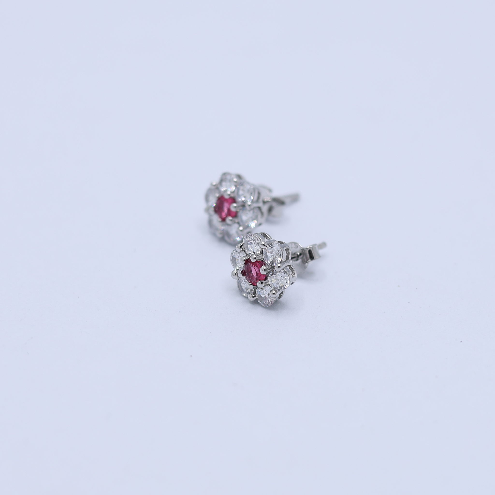 Silver White Gold Radiant Floral Centerpiece Ruby Earring For Women