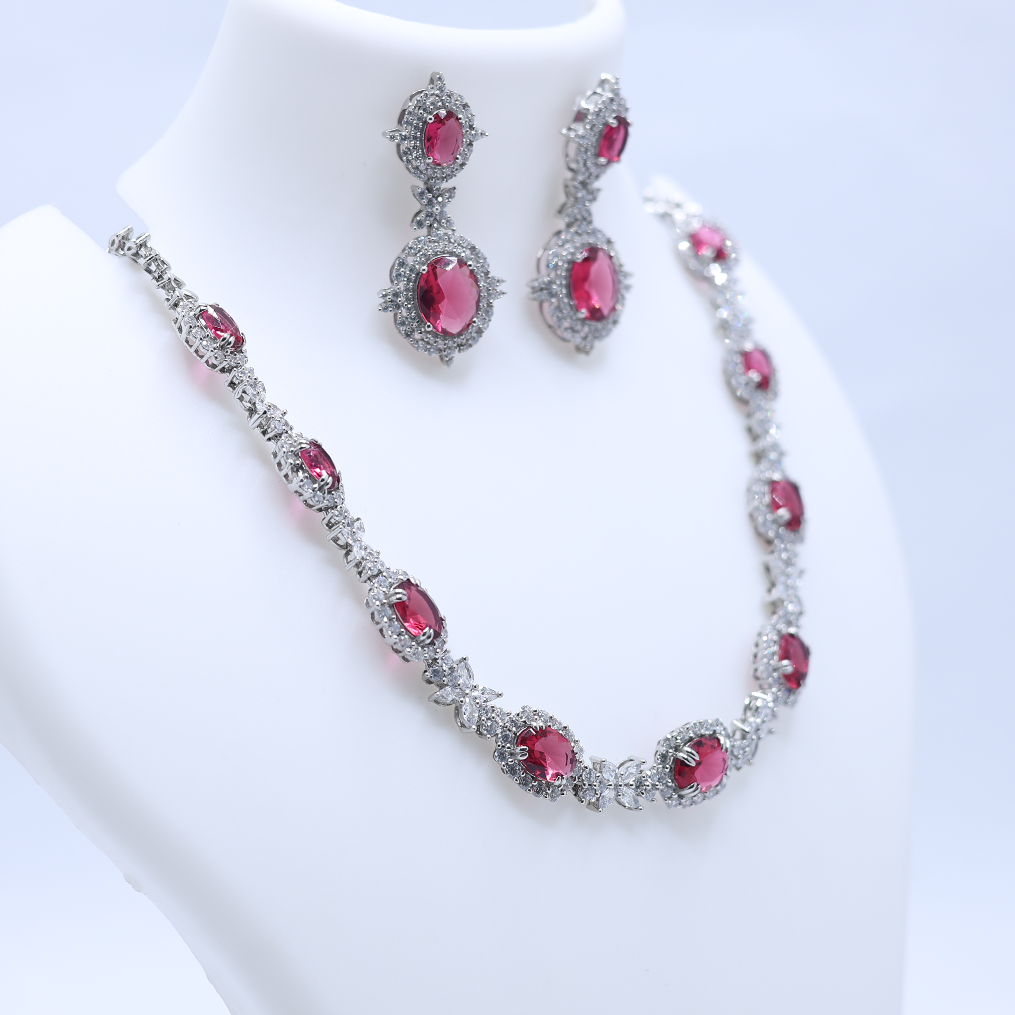 White Gold Plated Ruby Necklace Set