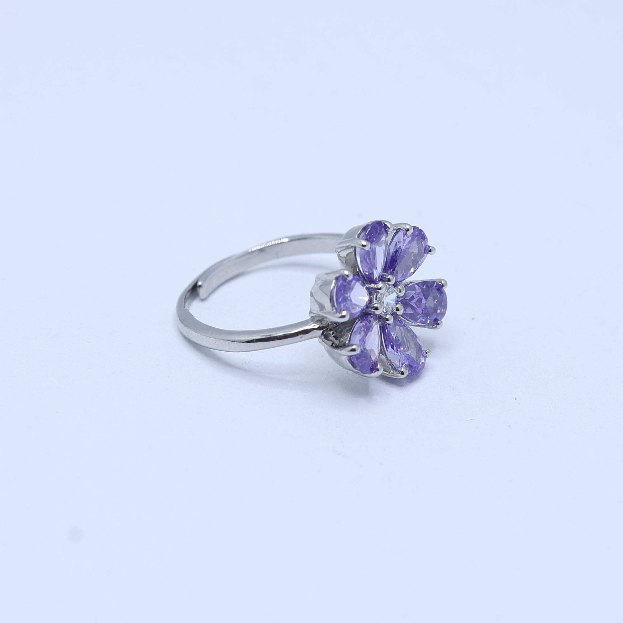 Floral White Gold Silver Adjustable Amethyst Ring For Women