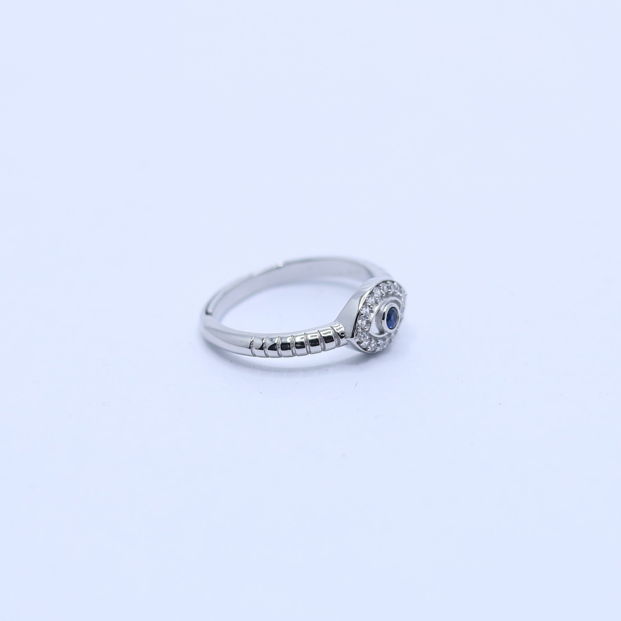 Silver Small Blue Sapphire Center Stone Adjustable Textured Ridged Band Evil Eye White Gold Ring For Woman