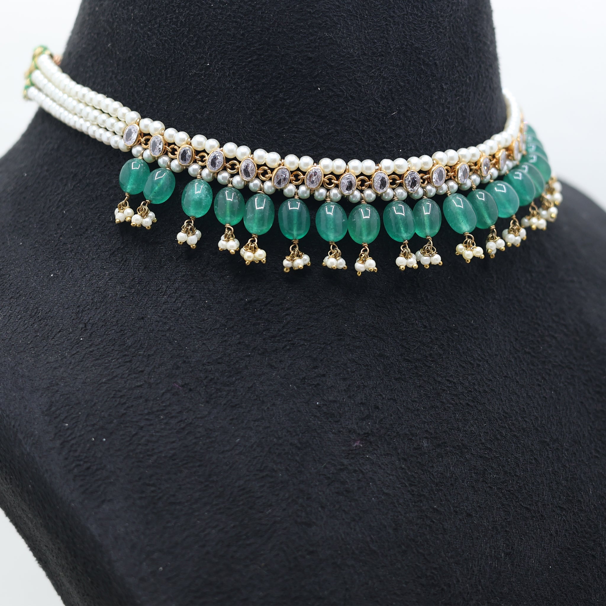 Yellow Gold Plated Emerald and Pearl Necklace