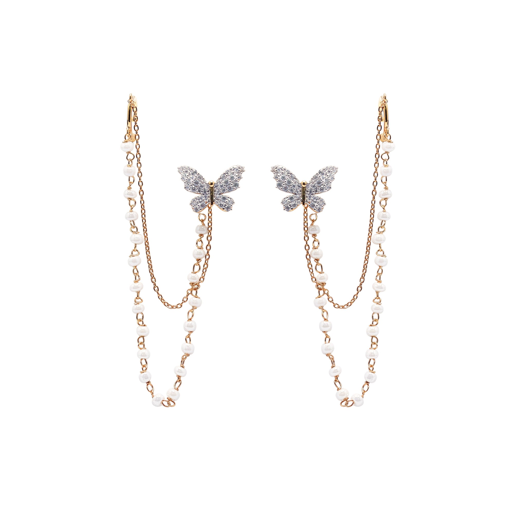 Silver Pearl Accent Crystal Butterfly Chain Yellow Gold Cuff Earrings For Woman