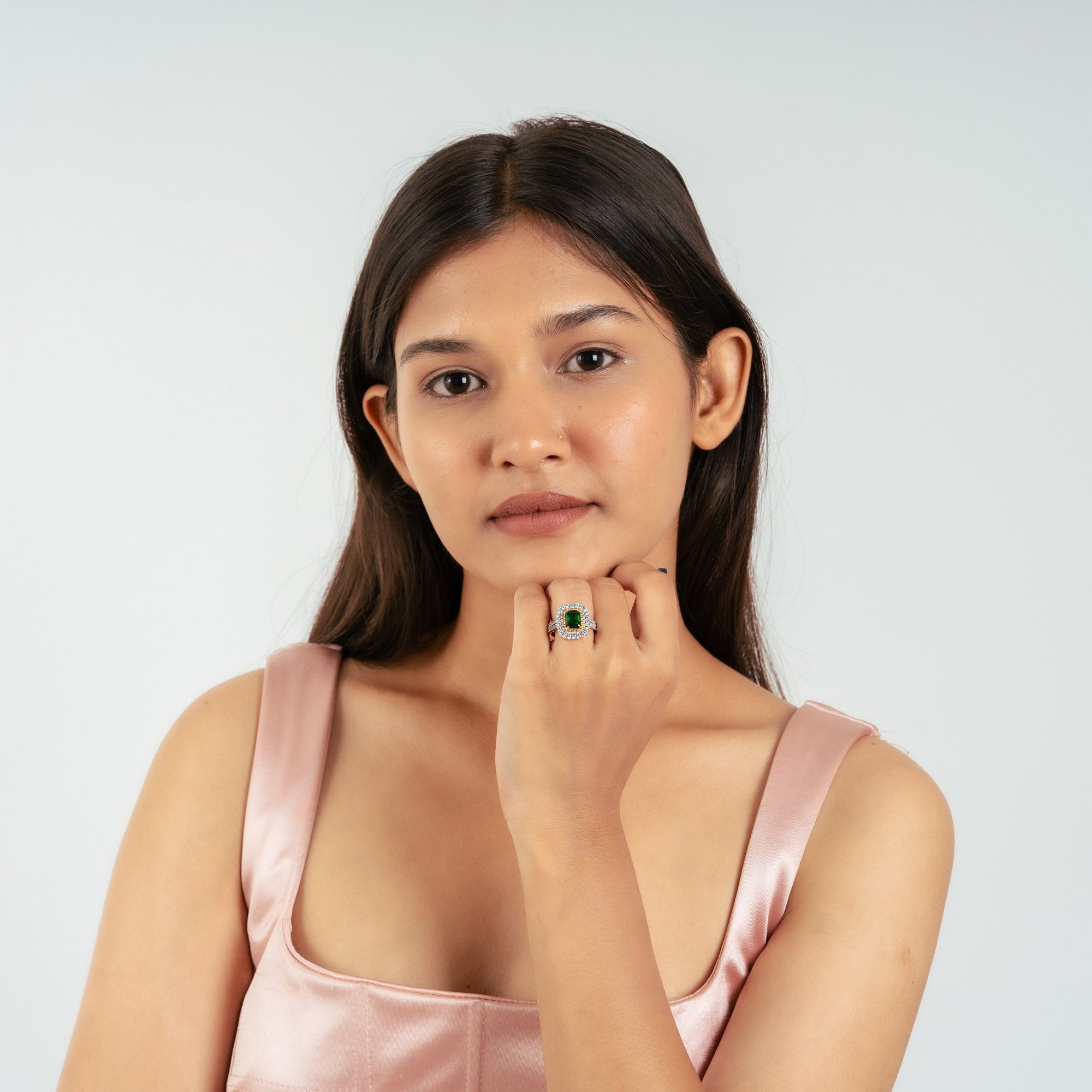 Rose Gold Plated Emerald Double Halo Ring