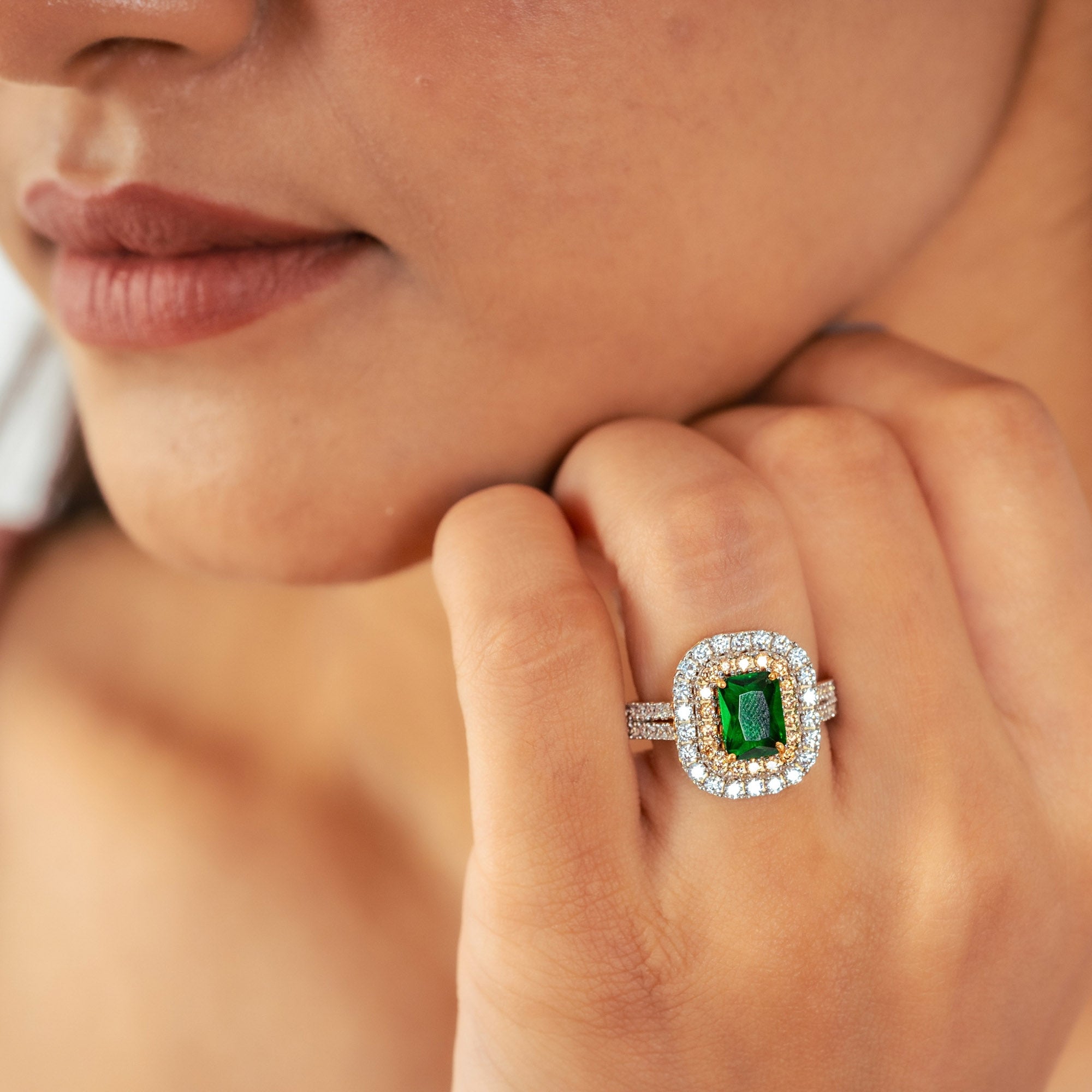 Rose Gold Plated Emerald Double Halo Ring