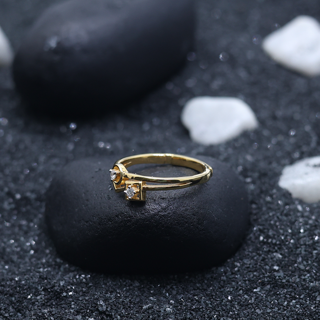Silver Yellow Gold Adjustable Open Band Dual Bezel Diamond Accent Ring for Women