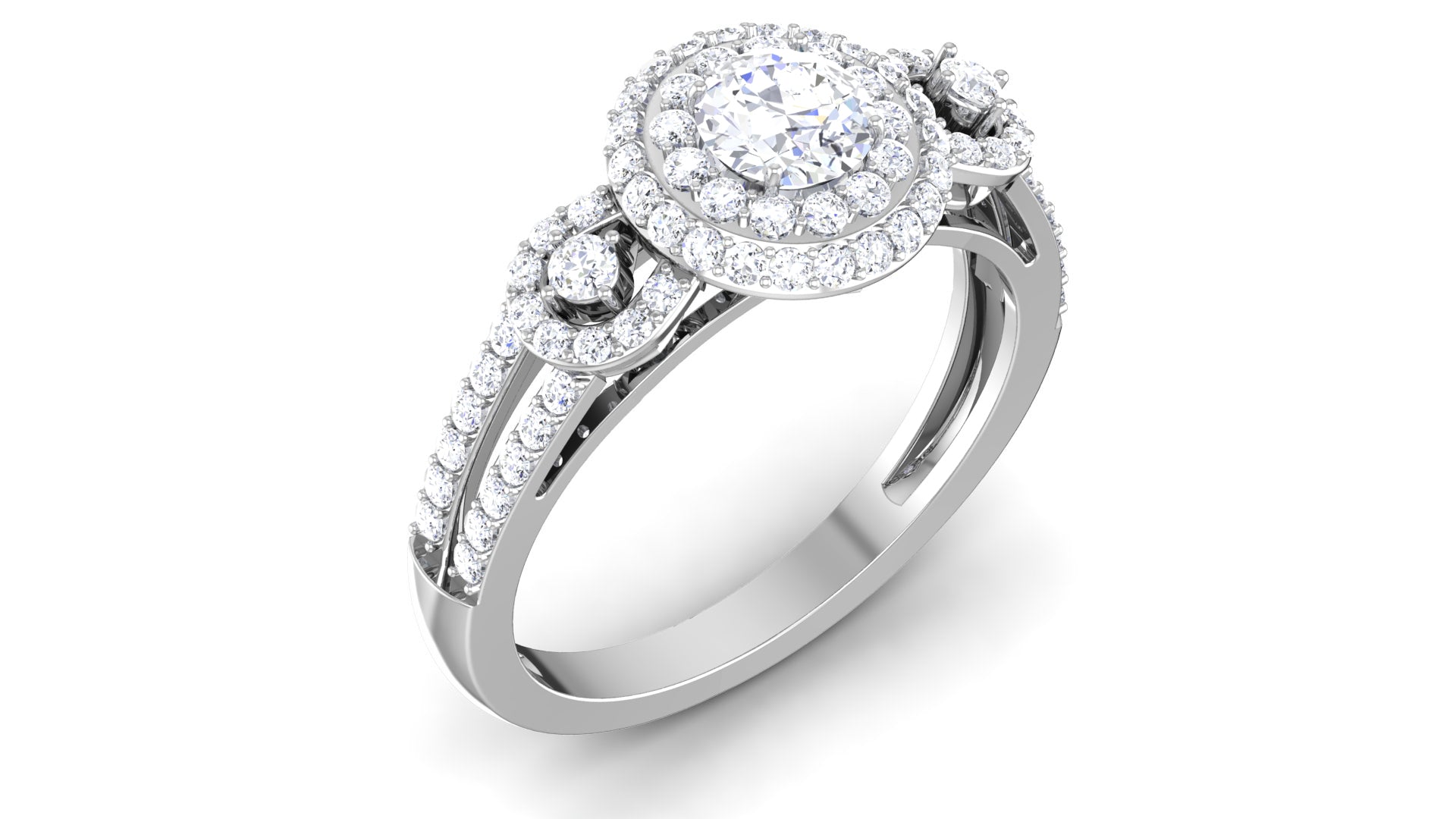 White Gold Adjustable Silver Diamond Double Halo Solitaire Ring For Woman