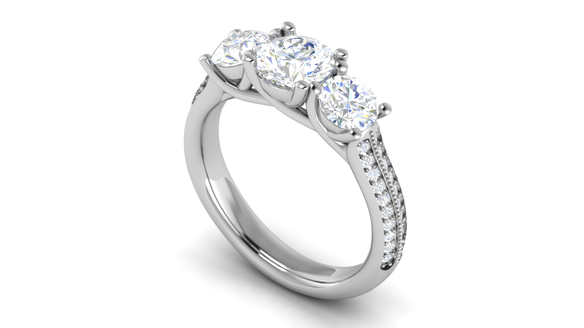 Triple Round Cut Diamond White Gold Adjustable Silver Pave Ring For Women