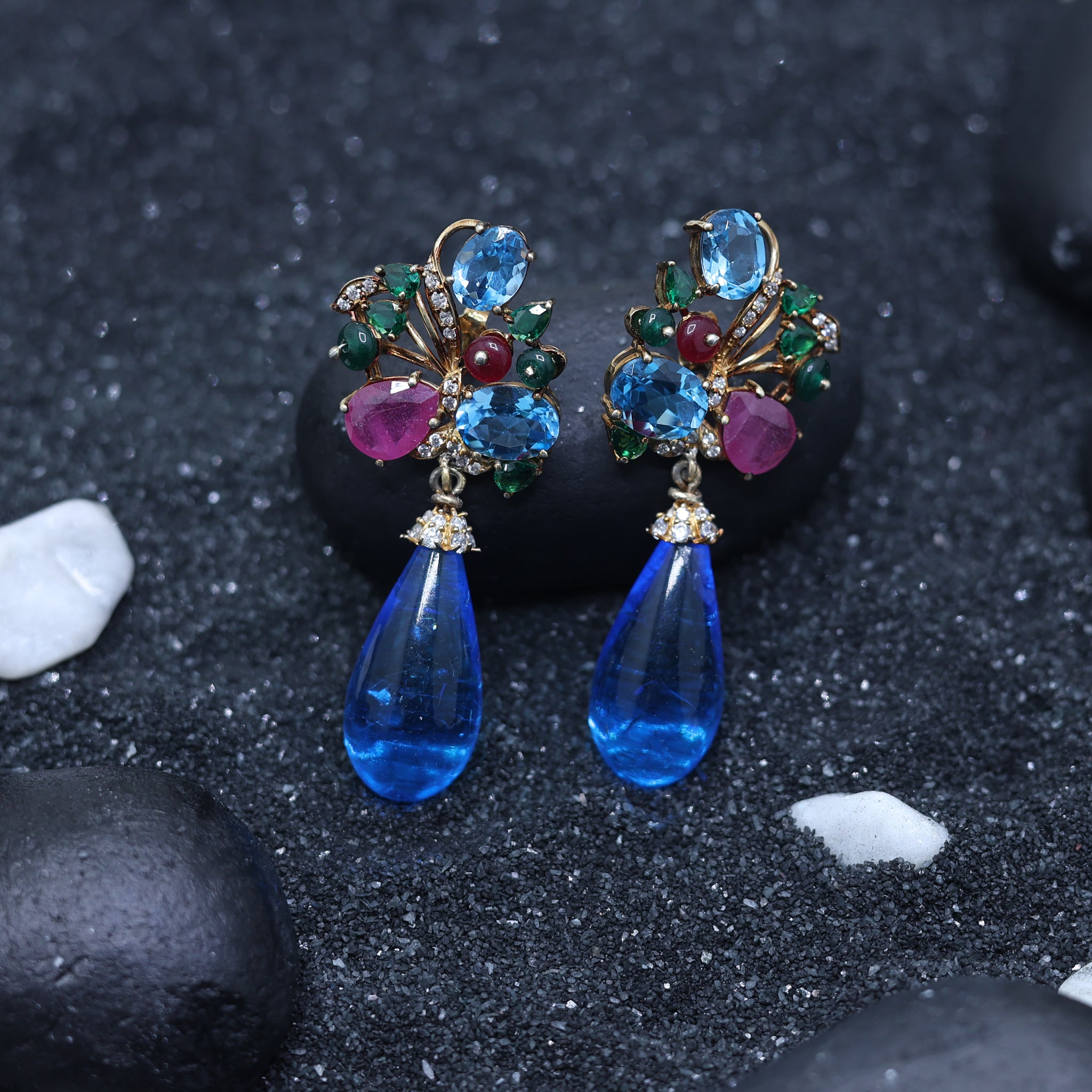 Yellow Gold Plated Floral Multicolor Stone Drop Earrings For Women