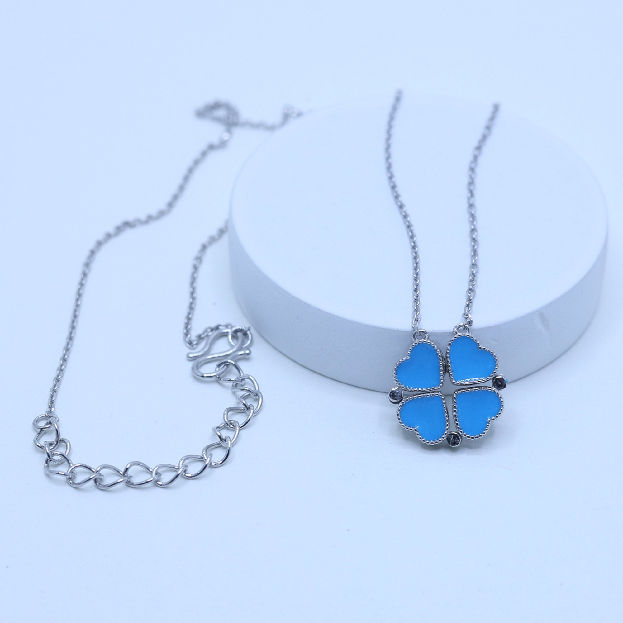 Blue Enamel Heart Clover Pendant