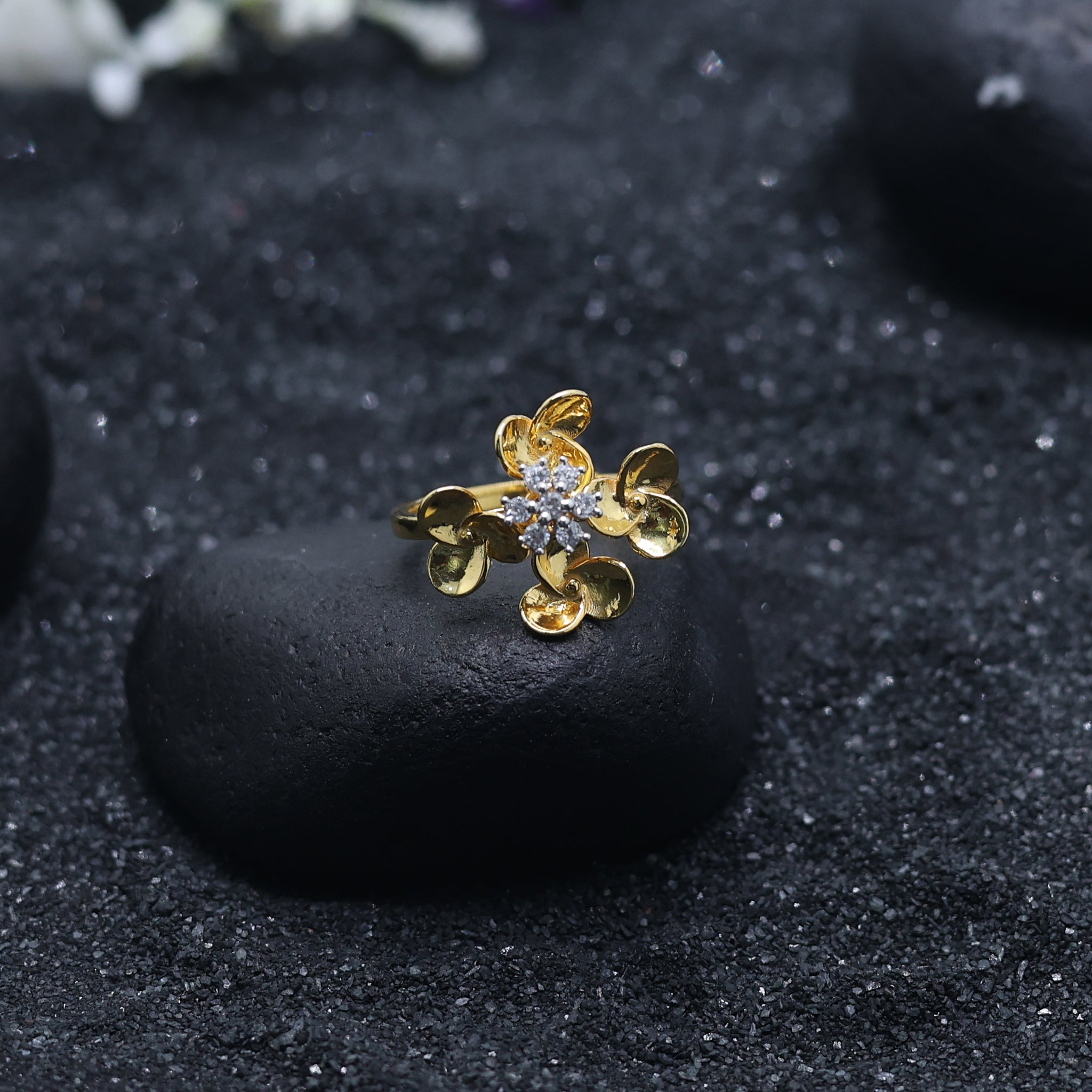 Silver Yellow Gold Adjustable Floral Triple Petal Elegant Diamond Accent Ring for Women