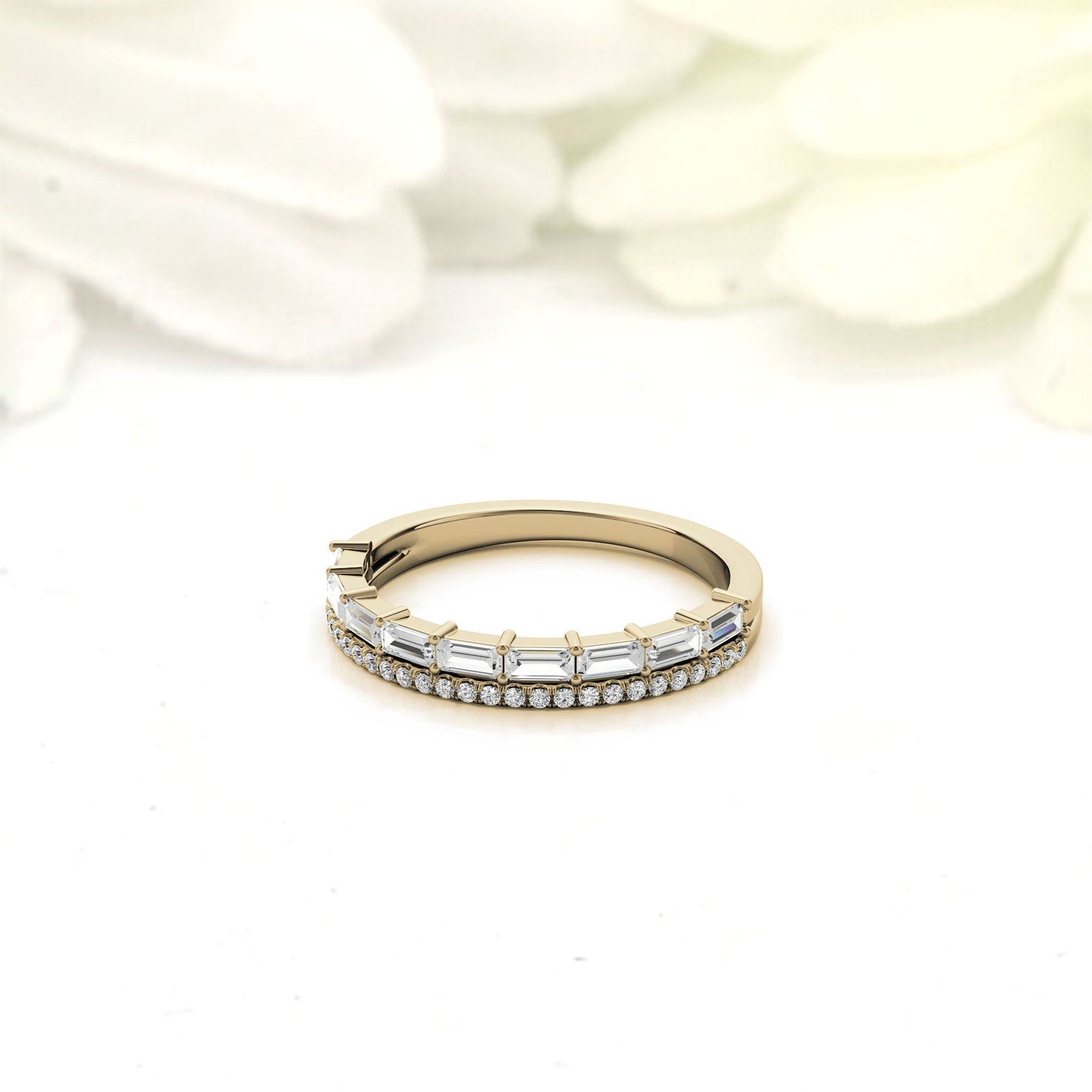 Yellow Gold Silver Eternity Dual-Row Adjustable Baguette Round Cut Ring For Woman