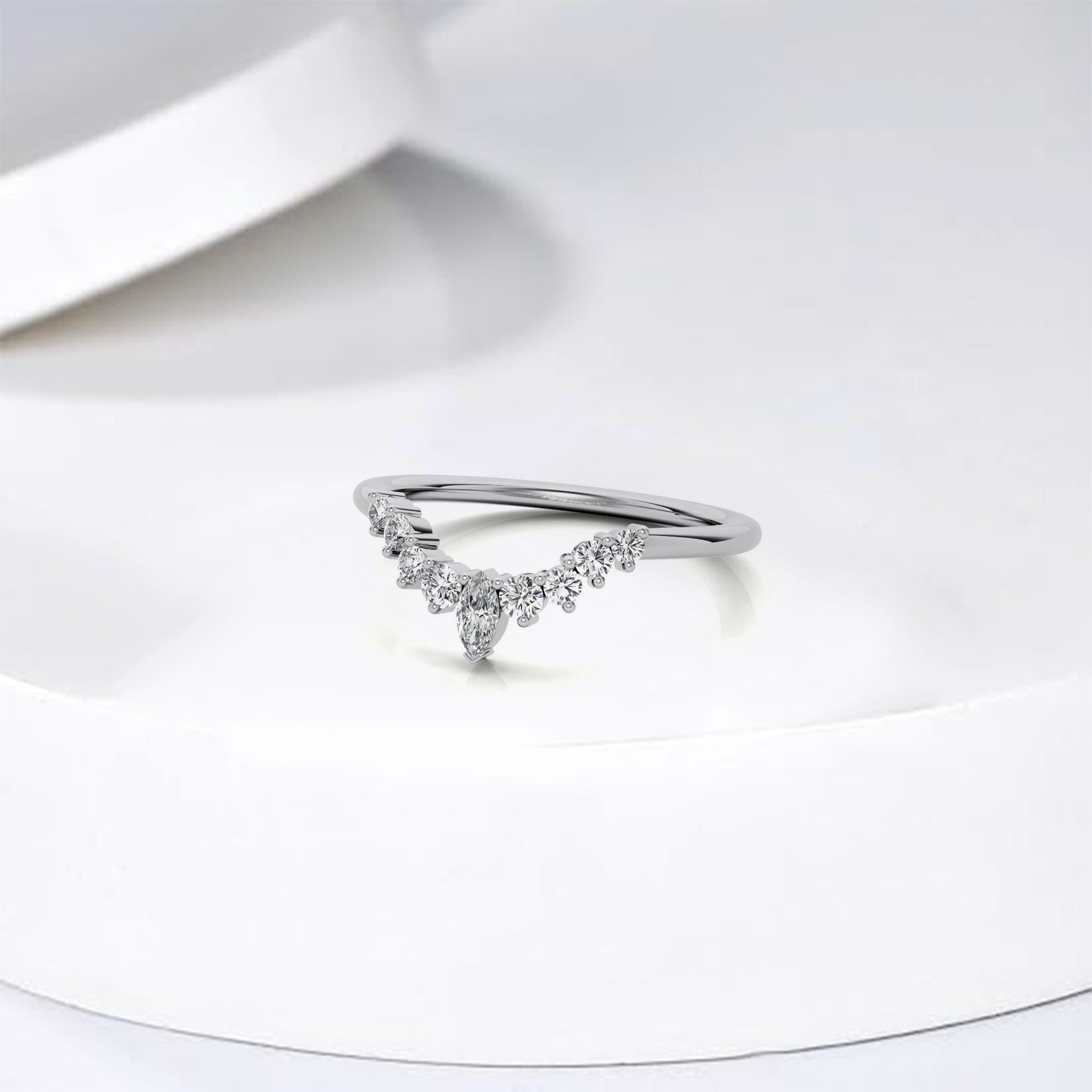 White Gold Silver Stacking Adjustable Marquise Chevron V-Contour Ring for Women