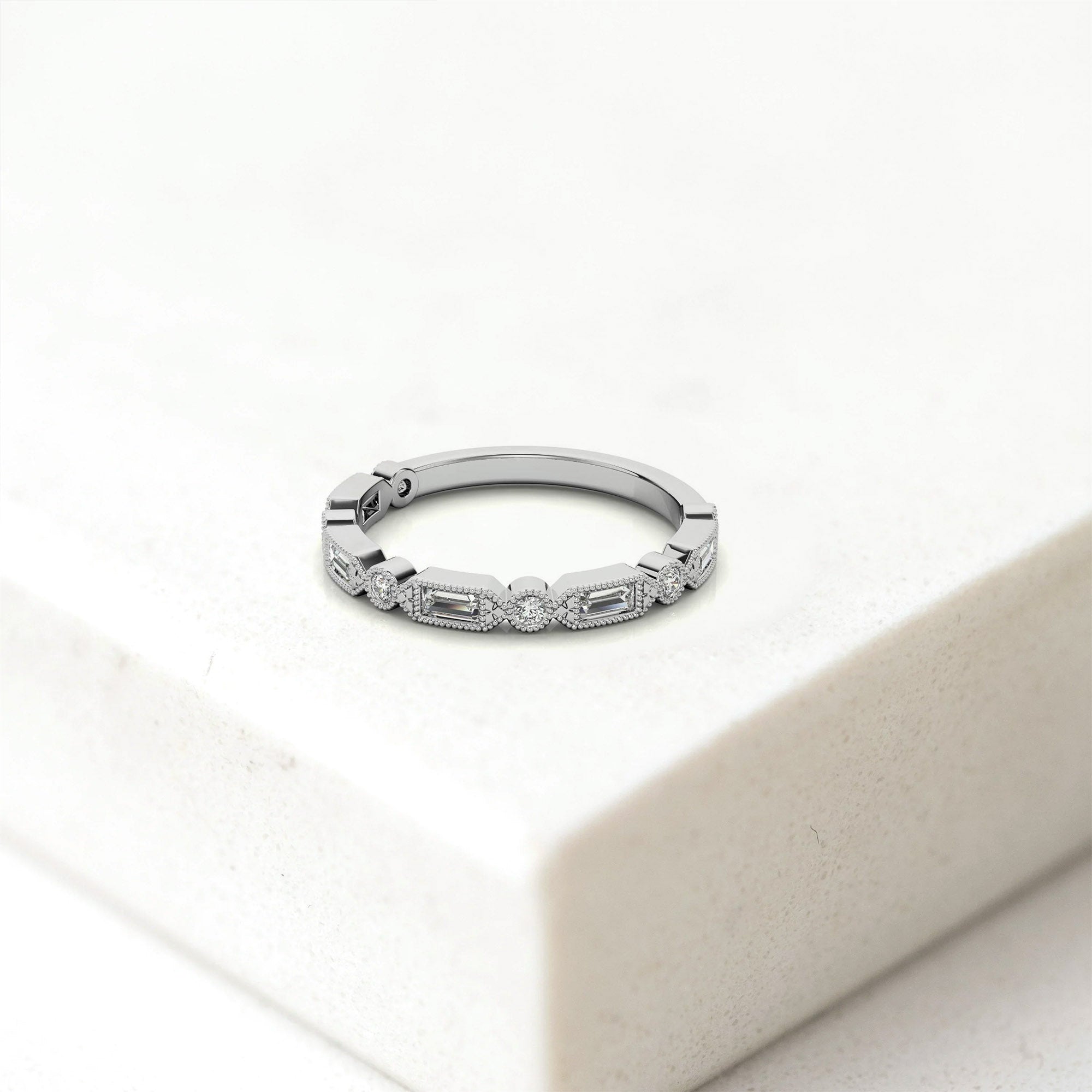 White Gold Silver Baguette Adjustable Milgrain Art Deco Ring For Woman