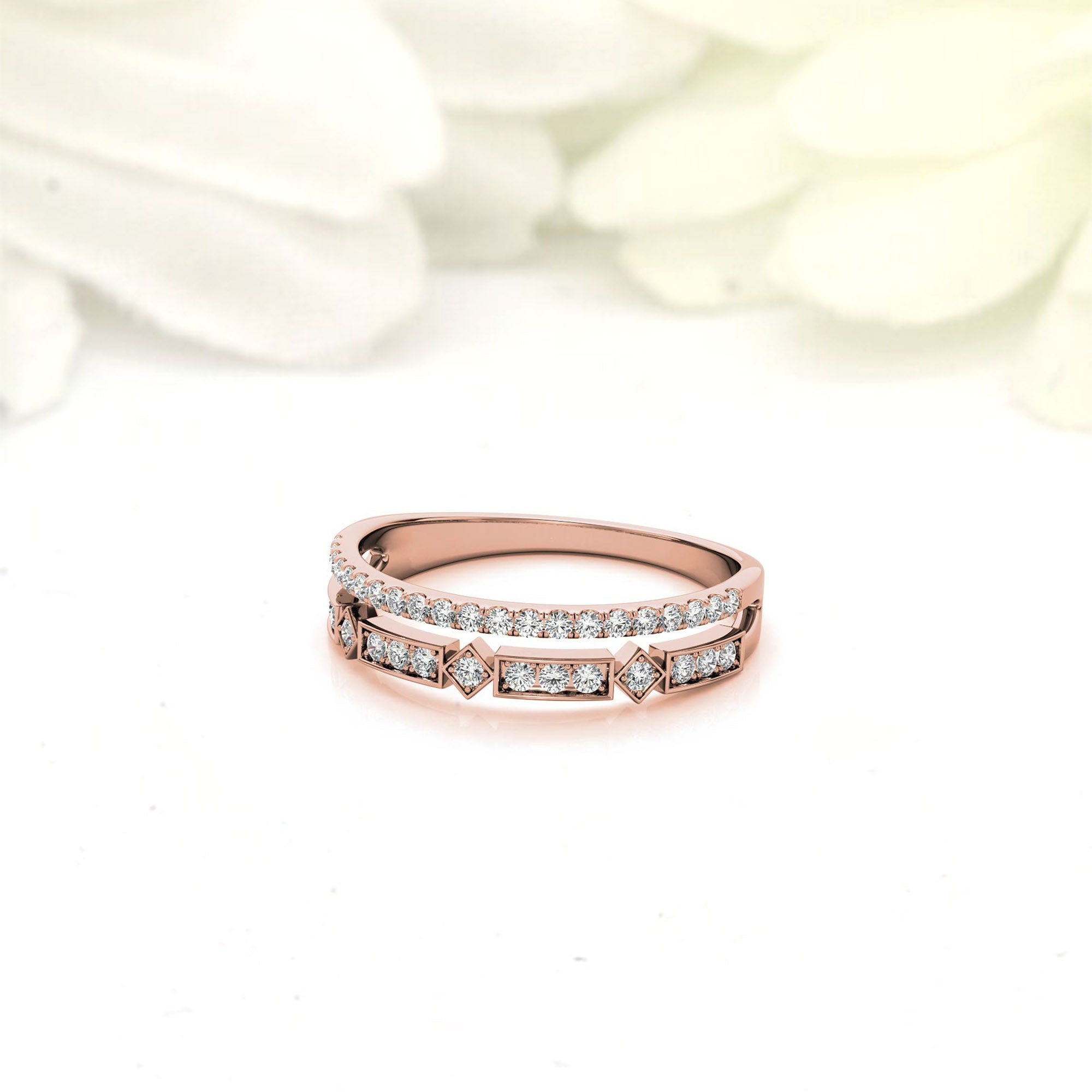 Rose Gold Silver Dual Layered Adjustable Bezel-Set Bold Geometric Ring For Woman