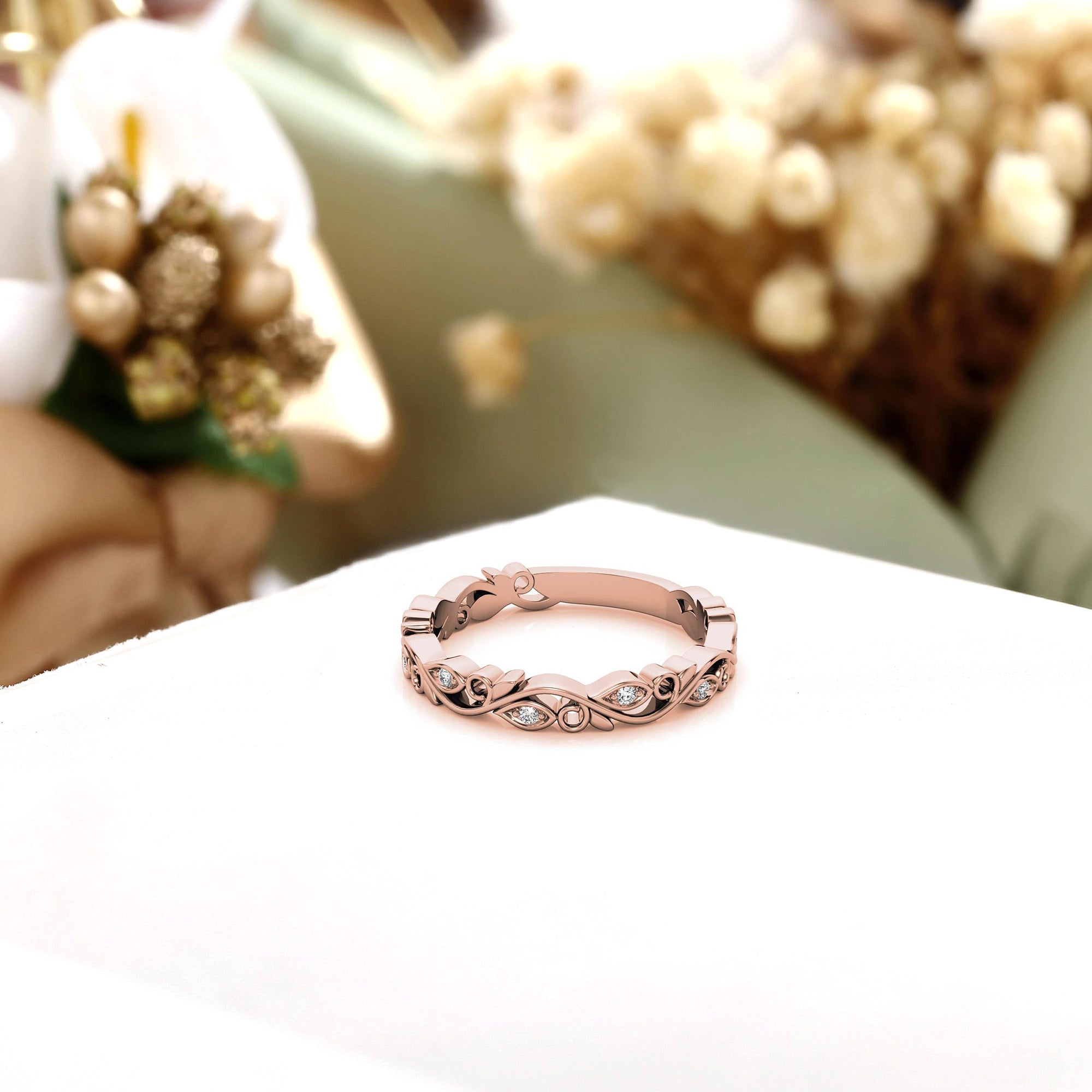 Rose Gold Silver Stackable Eternity Adjustable Marquise Leafy Luxe Motif Ring For Woman