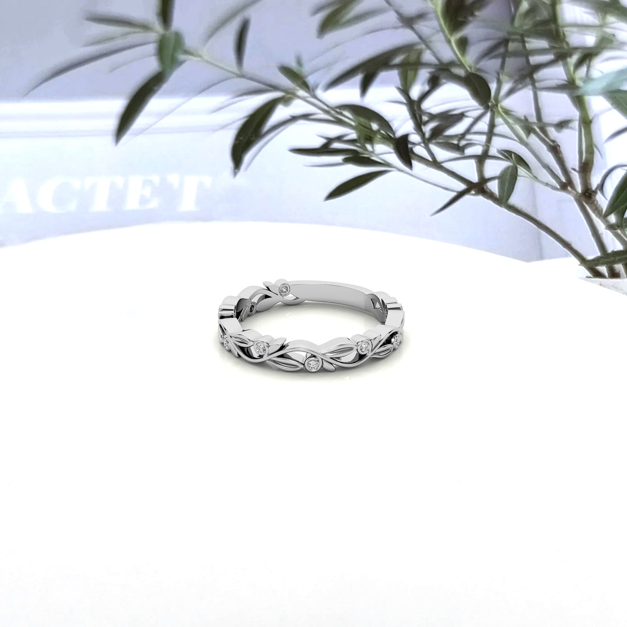 White Gold Silver Nature-Inspired Eternity Adjustable Leaf Floral Motif Ring For Woman